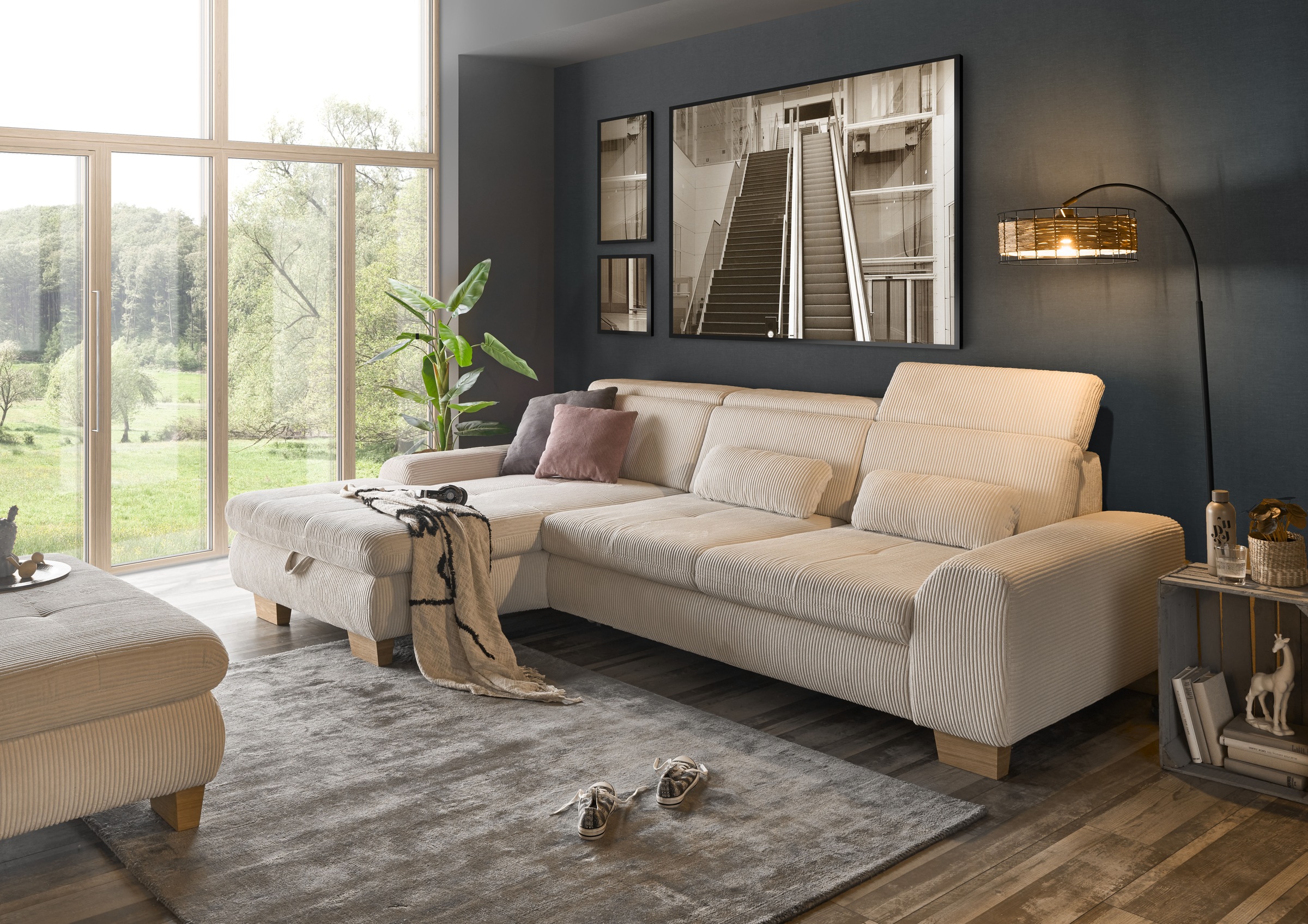 set one by Musterring Ecksofa »SO 3400, Cord, Sitzhöhe 47cm oder 49cm, inkl. Sitztiefenverstellung«, mit Canape und verschiedenen Funktionen, Kaltschaum, B307 x T195 cm