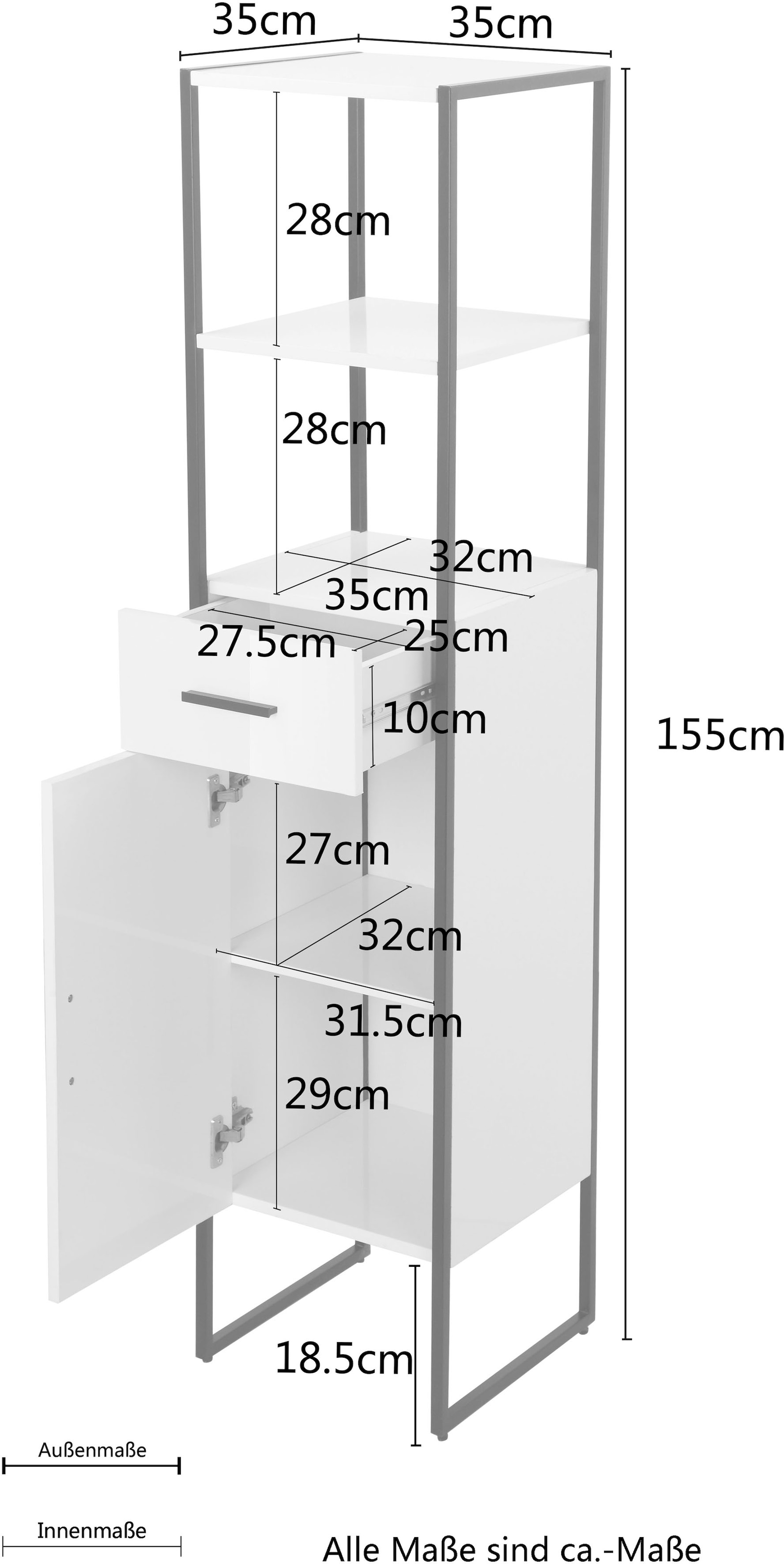 welltime Hochschrank »Pisa Schrank WC Bad hochglanz Metall«, Badschrank Badezimmerschrank mit Schublade und Tür, Breite 35cm