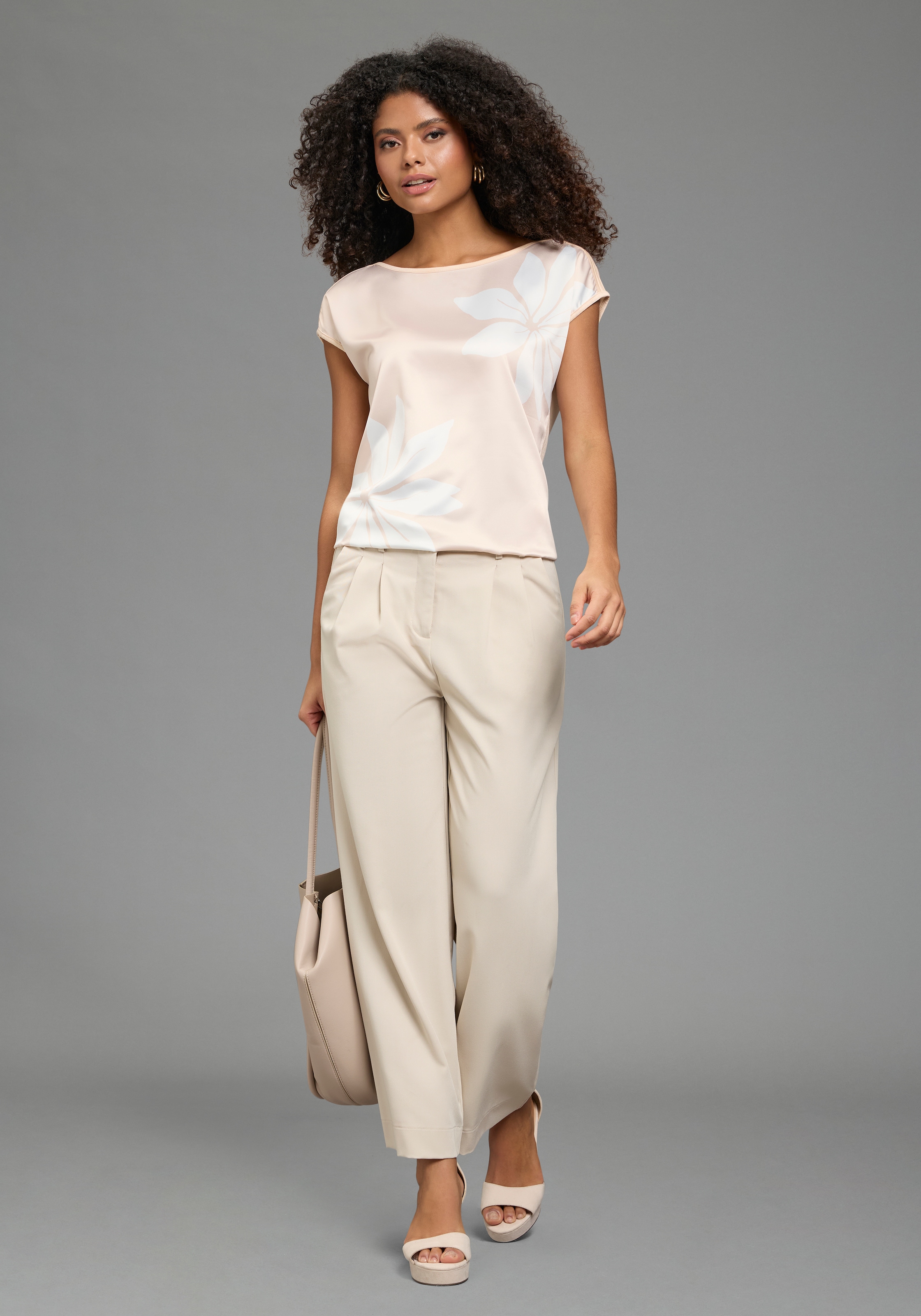 Laura Scott Shirtbluse mit Satin, U-Boot-Ausschnitt, Viskose und Elasthan Rückenteil