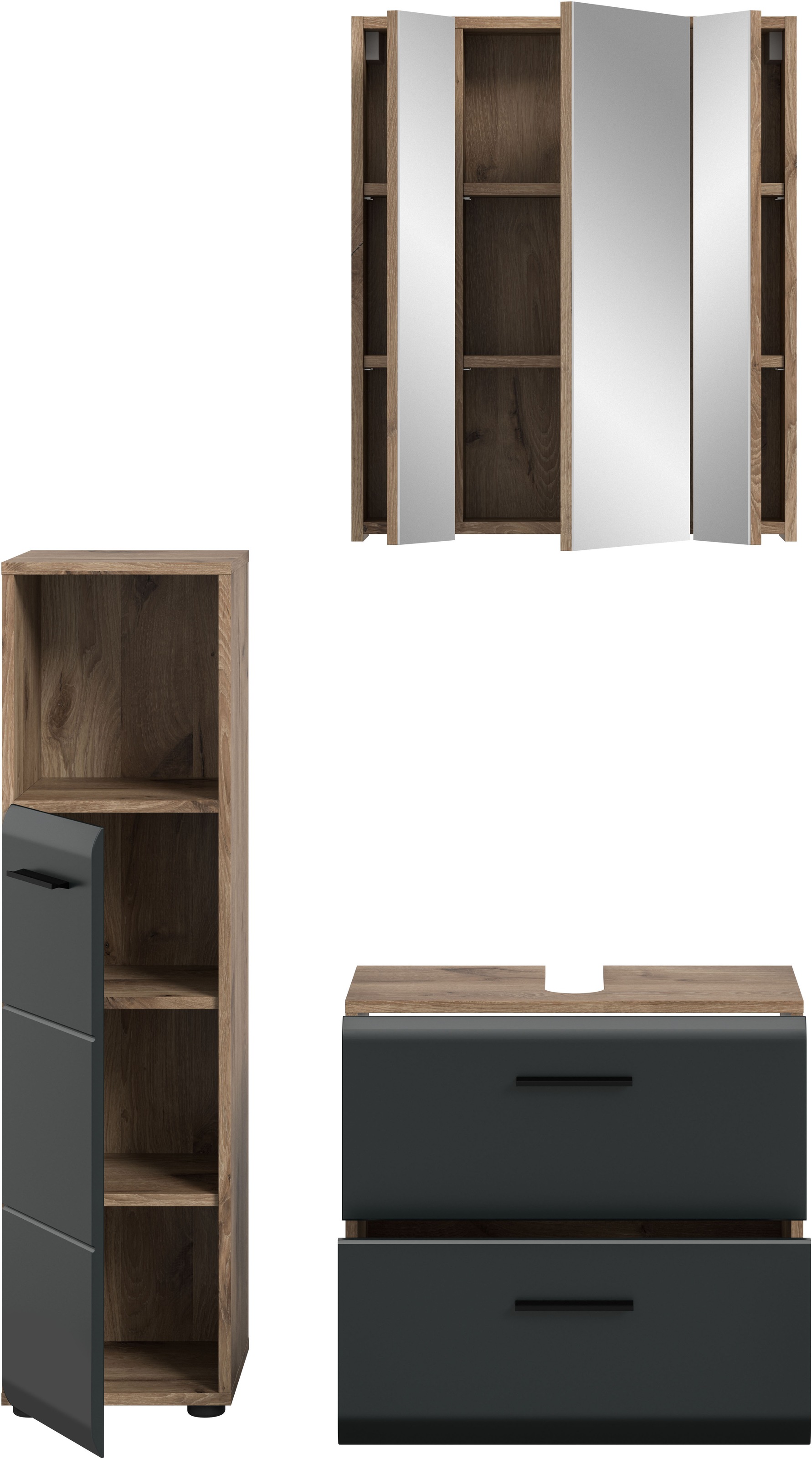 welltime Badmöbel-Set »FLORENZ,  3-teilige Badkombination, hochwertige MDF-Front« best. aus: Midischrank hoch, Waschbeckenunterschrank, Spiegelschrank, 