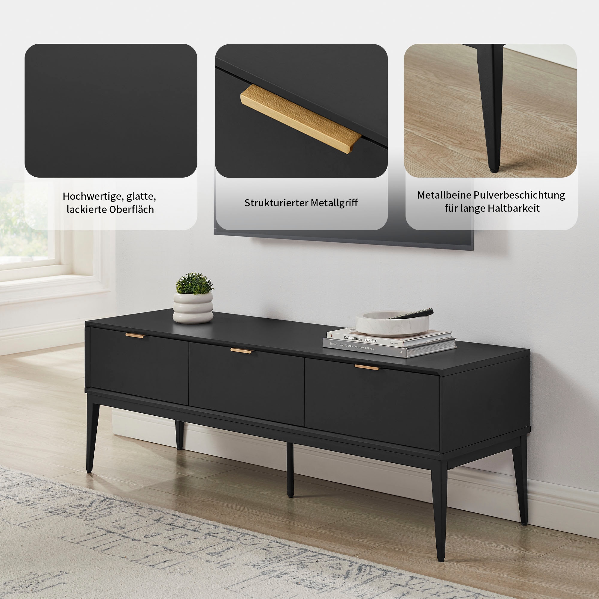 Leonique TV-Board »Lavisha« FSC-zertifiziertes Holz kombiniert Melamin, verchromten Metallgriffen