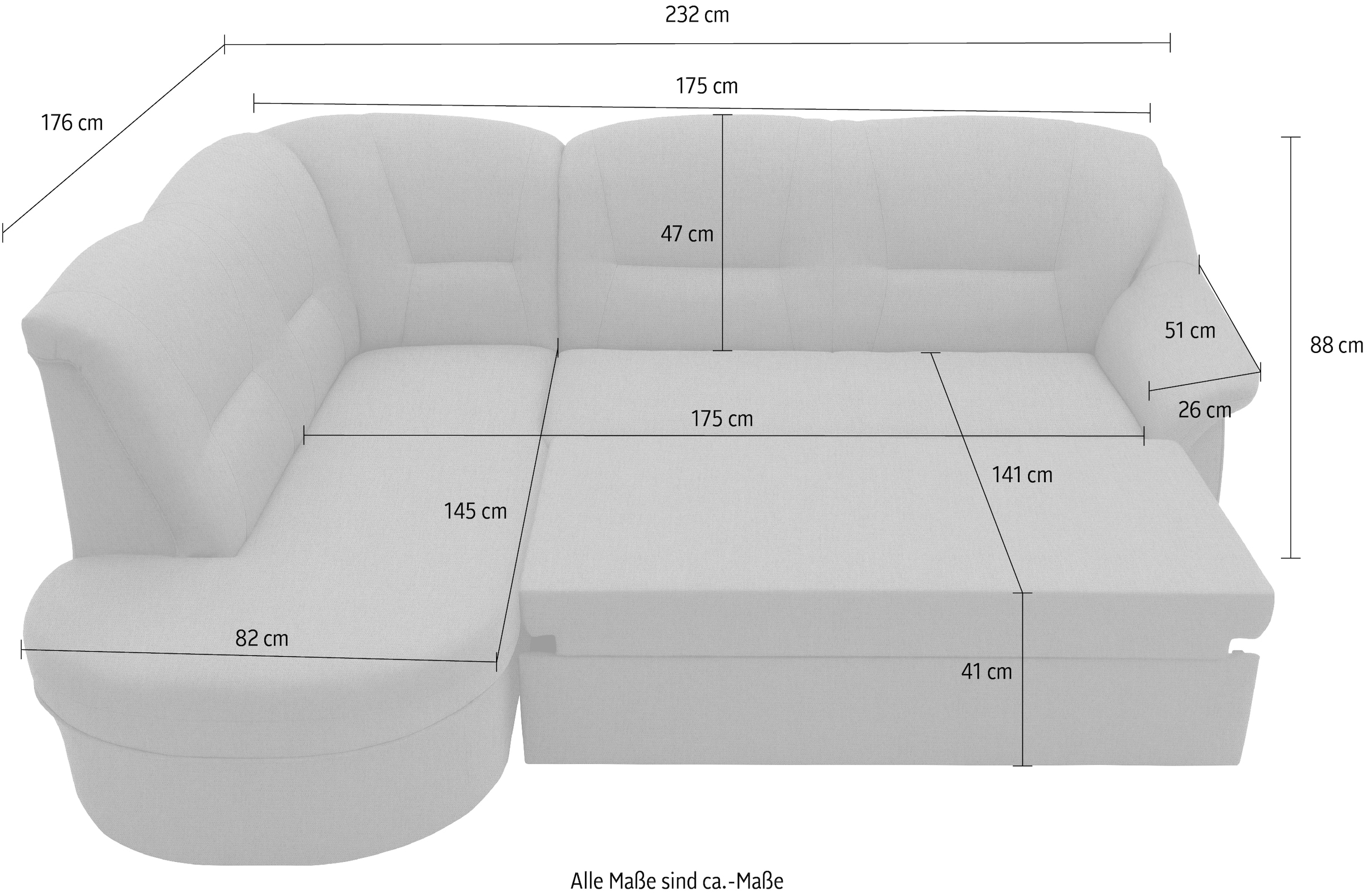 DOMO collection Ecksofa »Faenza für kleine Räume, Stellmaße 232,176cm, komfortabel, L-Form«, mit Ottomane, zeitlos, elegante Armlehnen, wahlweise mit Bettfunktion