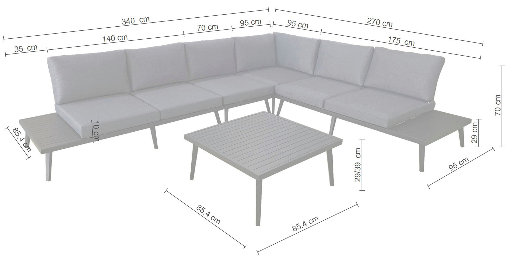 KONIFERA Gartenlounge-Set »Denver«, (Set, 14 tlg., 2x 2er Sofa mit Ablae, 1x Ecke, 1x Sessel, 1x Tisch 85x85x39,5cm), Aluminium, inkl. Auflagen, individuell stellbar, 6 Personen