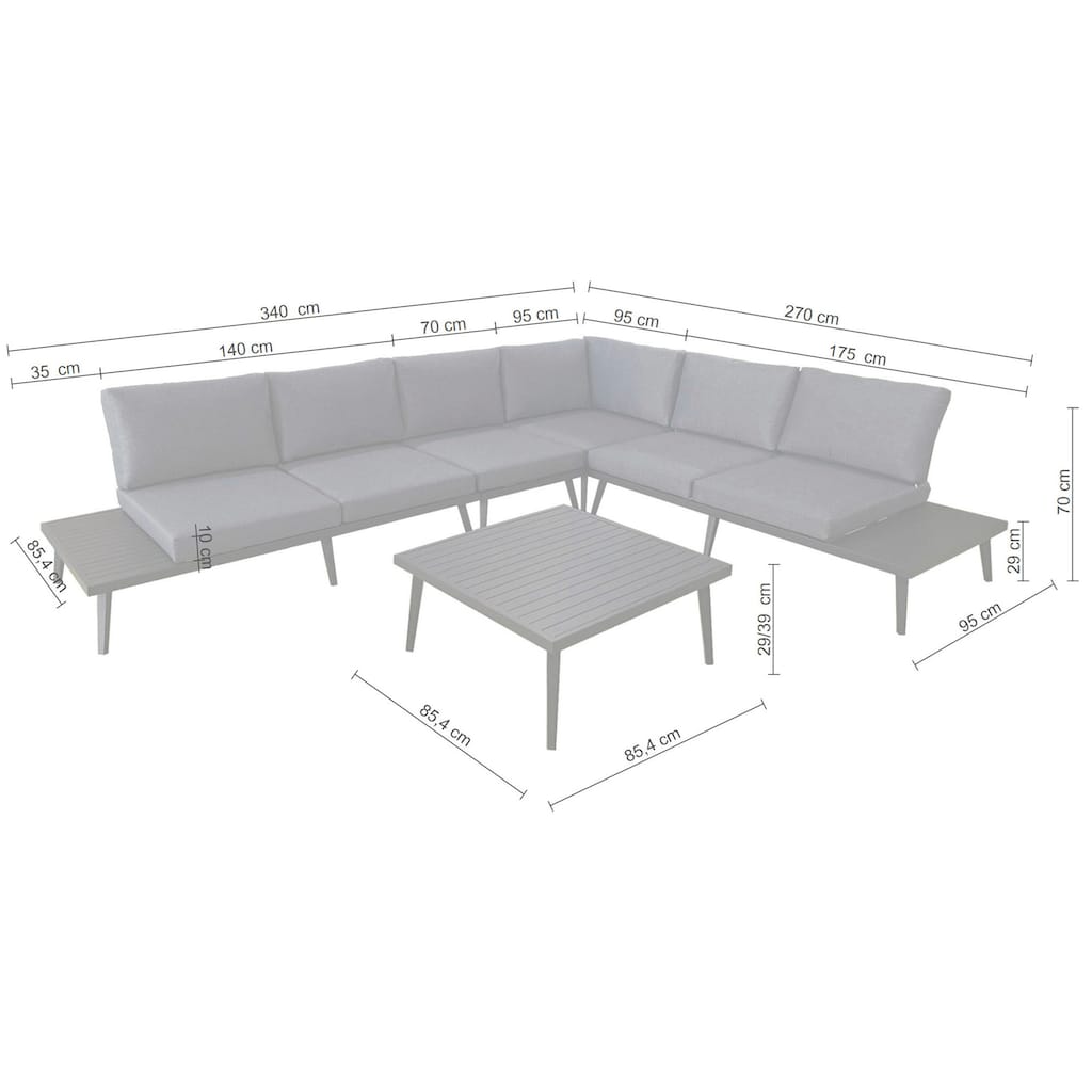 KONIFERA Gartenlounge-Set »Denver«, (Set, 14 tlg., 2x 2er Sofa mit Ablae, 1x Ecke, 1x Sessel, 1x Tisch 85x85x39,5cm), Aluminium, inkl. Auflagen, individuell stellbar, 6 Personen