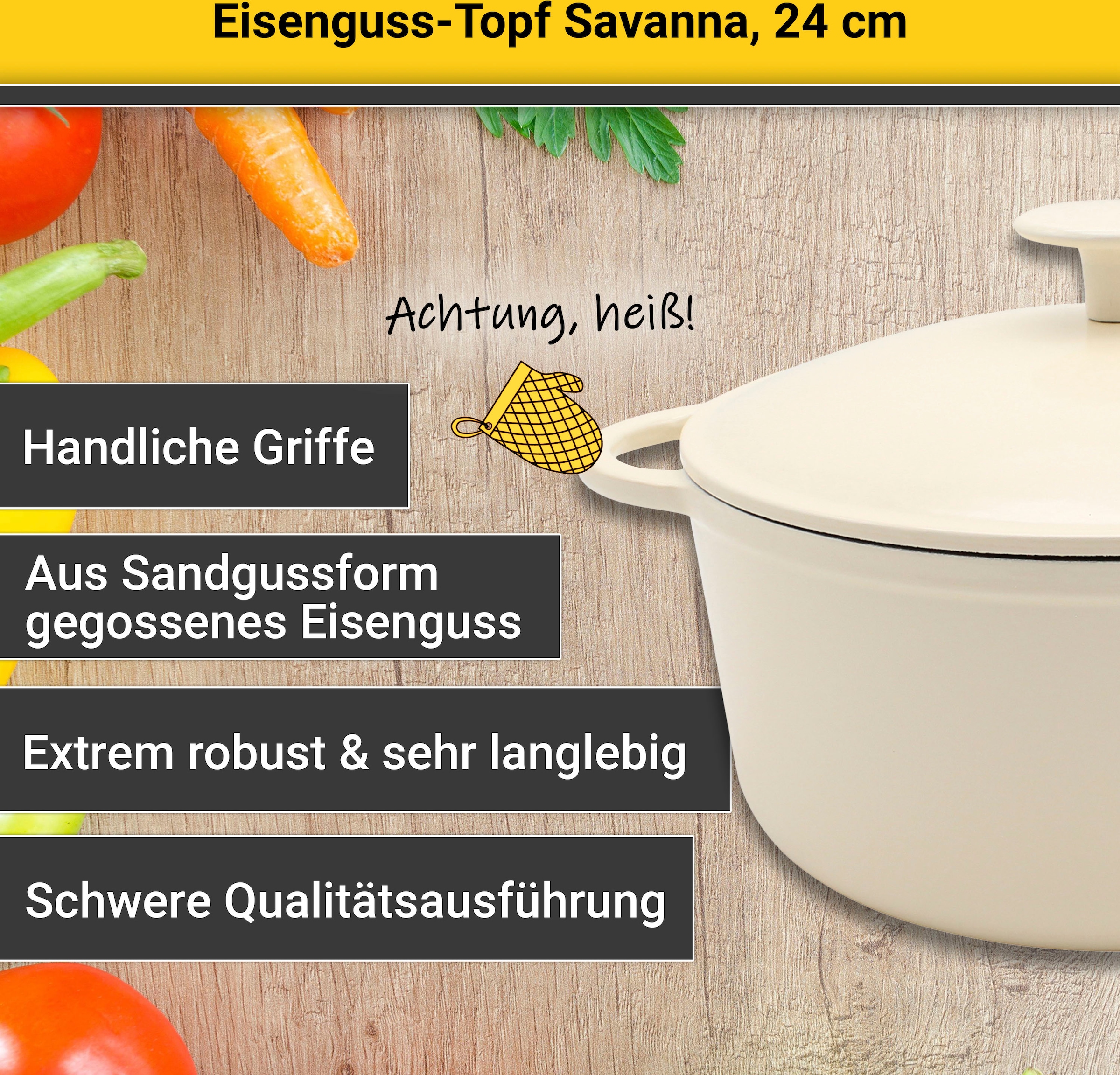 Krüger Fleischtopf »Eisenguss Fleischtopf mit Deckel SAVANNA, 24 cm«, Gusseisen, (1 tlg.), für Induktions-Kochfelder geeignet