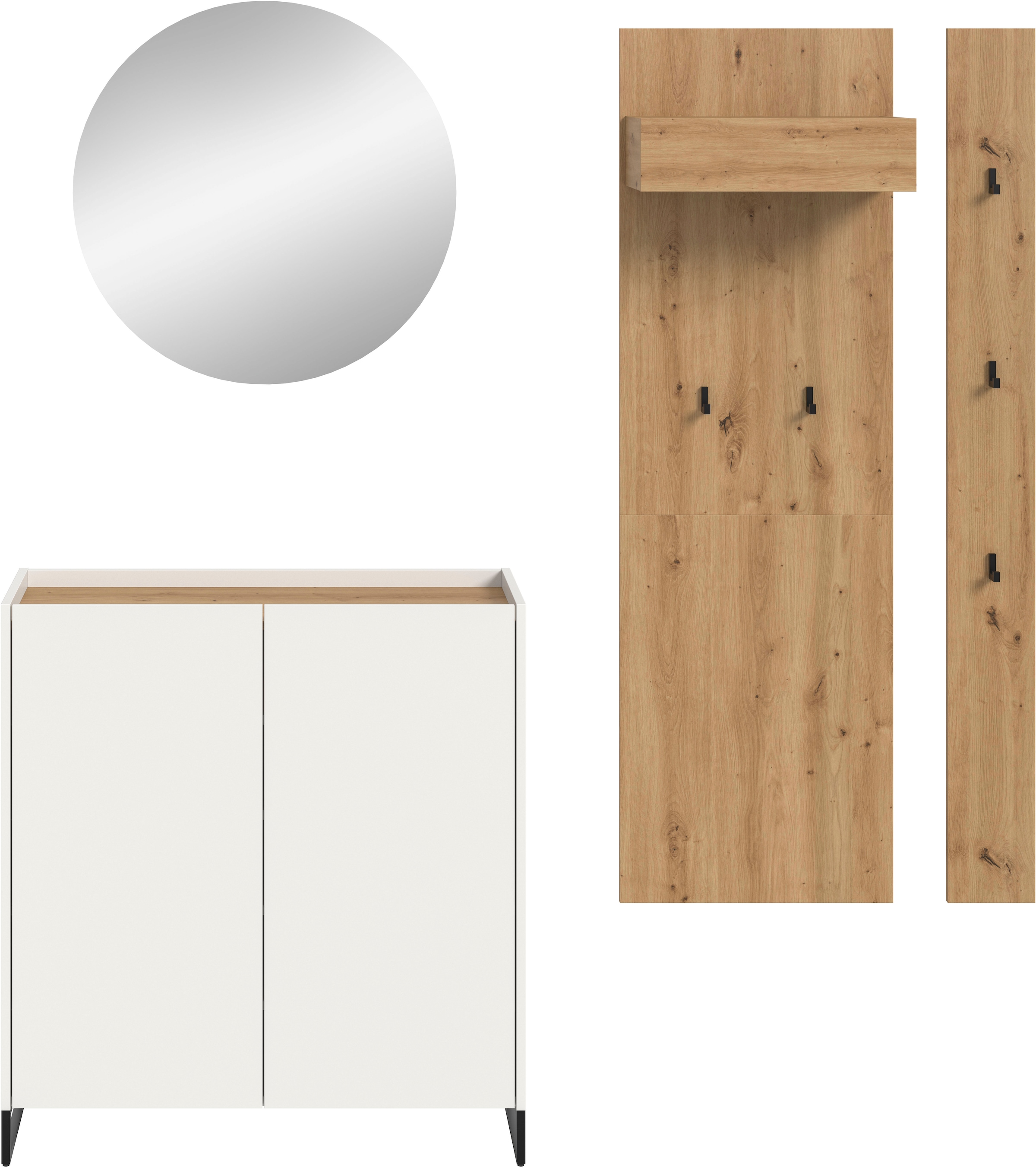 Home affaire Garderoben-Set »EVRID, 4-teilig, Breite 206 cm, individuell stellbar & erweiterbar« best. aus: Kommode, Spiegel, Garderobenpaneel & Hakenleiste, 4 Stk. tlg.