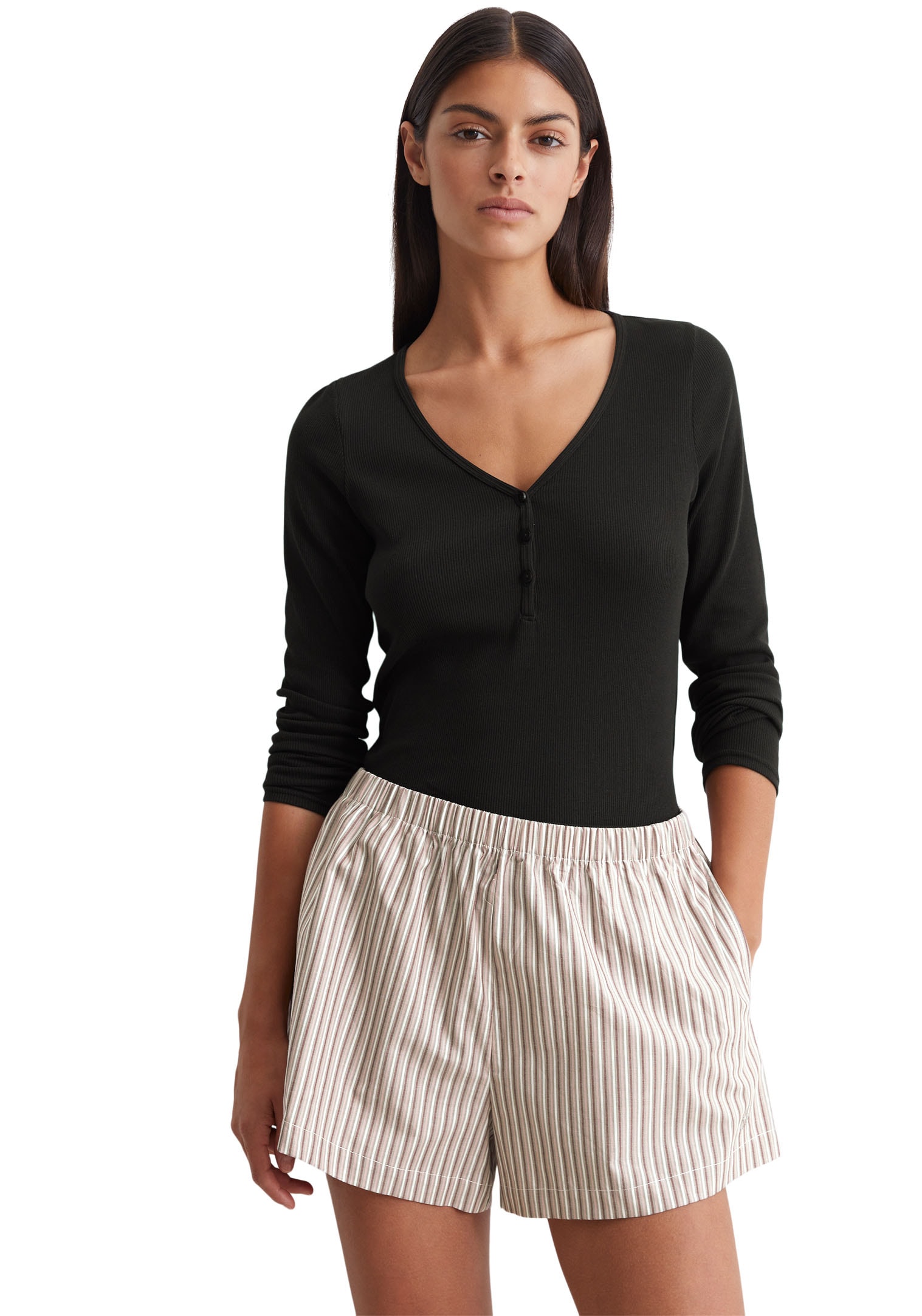 Shorty, (2 tlg.), geripptes Longsleeve mit Knopfleiste, Popline Shorts