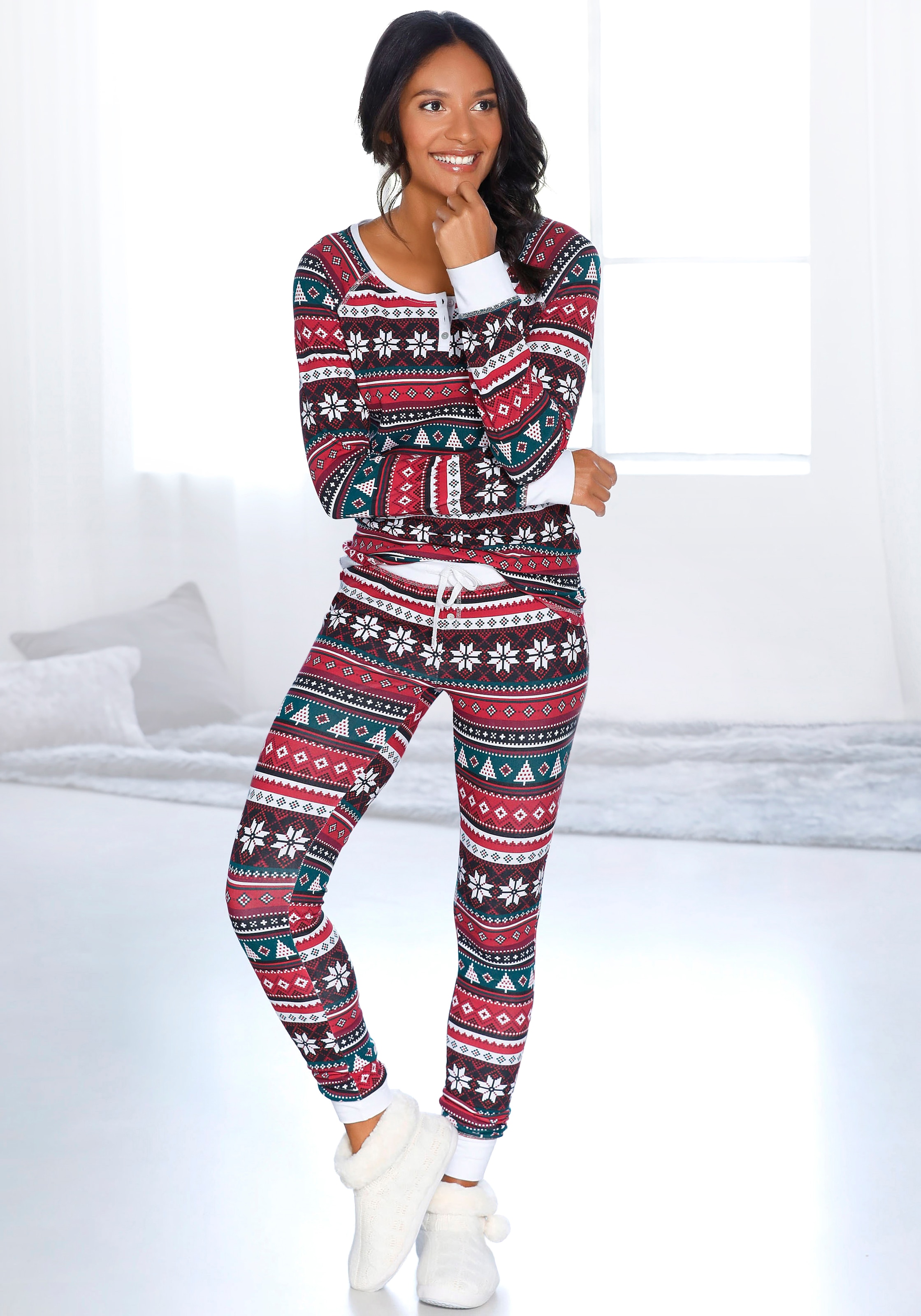 LASCANA Pyjama, (2 tlg., 1 bestellen weihnachtlichem Stück), OTTO bei Muster mit