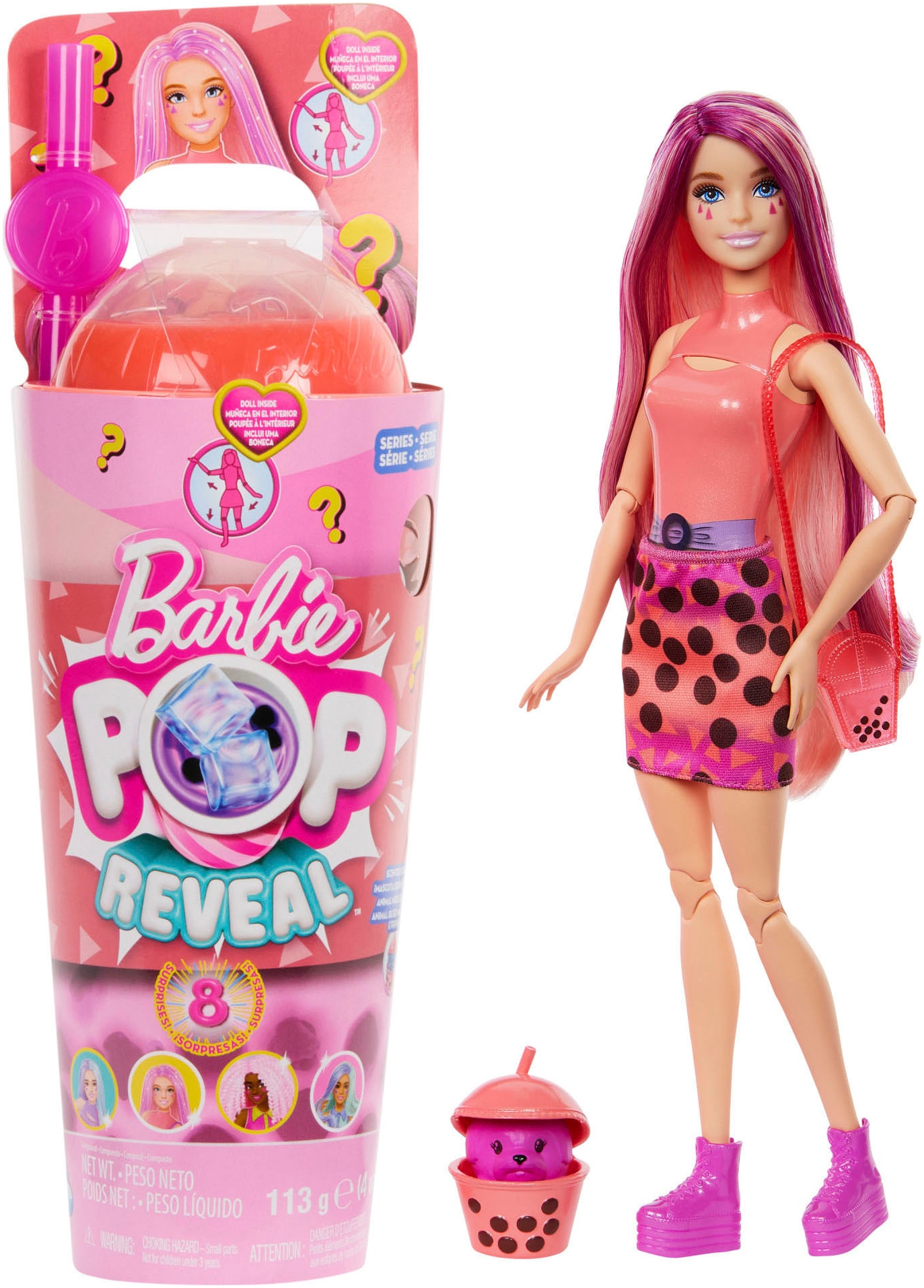 Anziehpuppe »Pop Reveal Bubble Tea Serie mit duftender Mango-Mochi-Modepuppe«, mit...