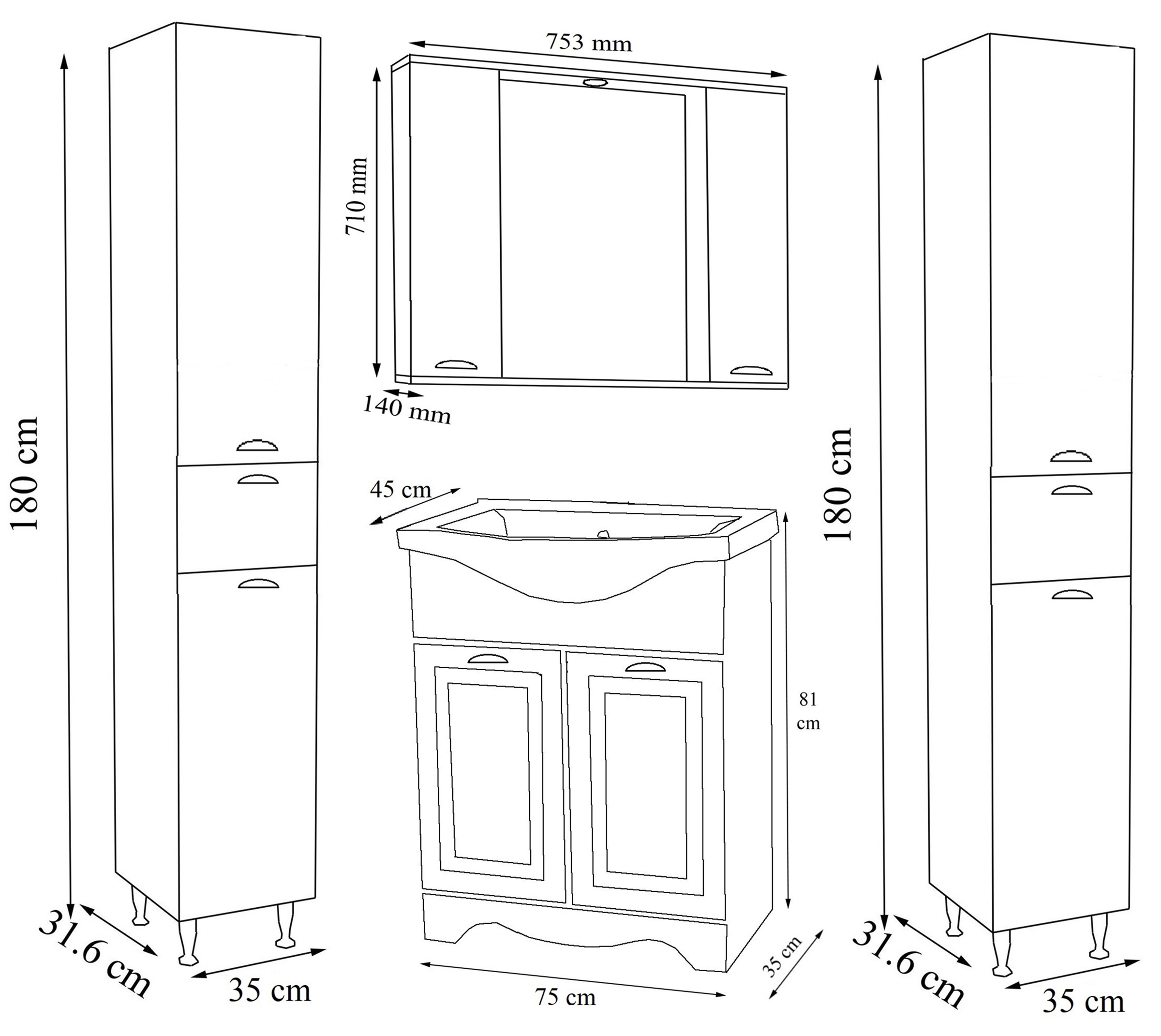 VCM Waschbeckenunterschrank »VCM 5-tlg. Waschplatz Waschtisch Breite 75 cm Badmöbel Set Waschbecken Spiegelschrank Hochschrank Landhaus Schublade Casalo XL« 5 Stk. tlg.