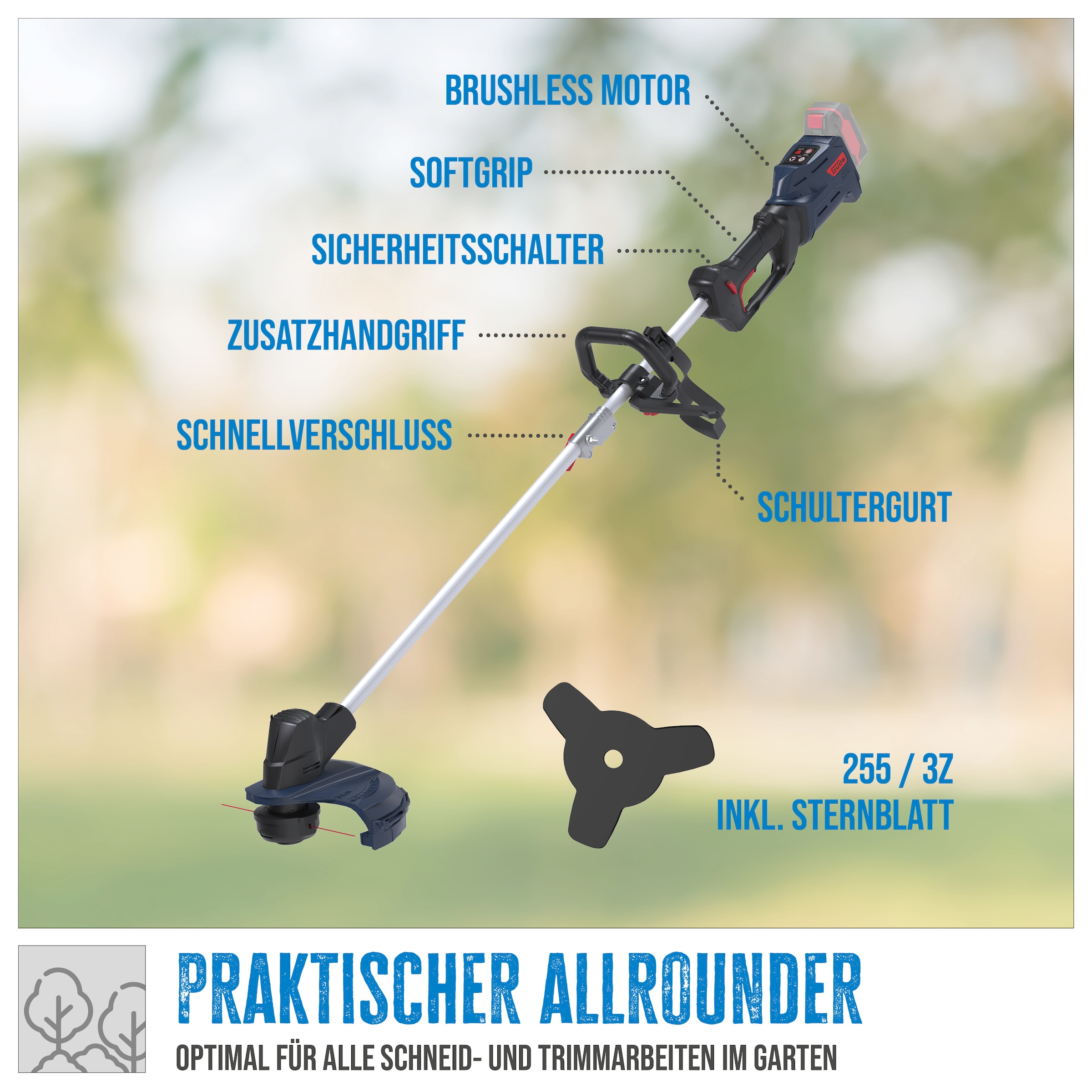 Güde Akku-Hochentaster »Akku-Freischneider »FS 18-401-30««, (Schnittbreite 255/300mm), Inkl. Akku 4 Ah und Ladegerät, mit 3-Zahn Messer und Doppelfadenkopf