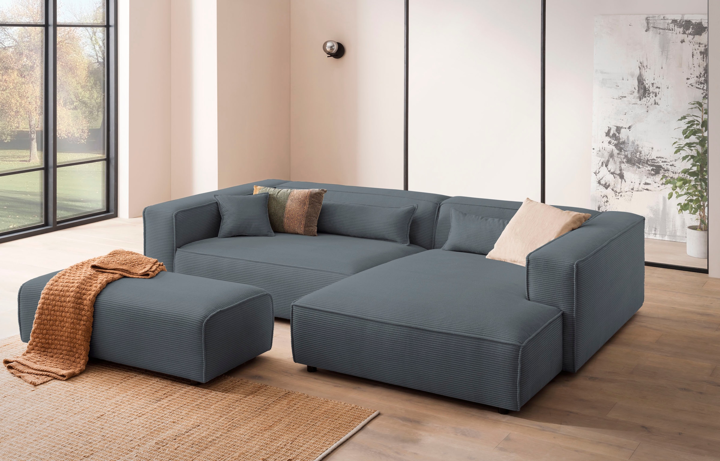 LeGer Home by Lena Gercke Polsterecke »PIARA XXL, L-Form mit Schlaffunktion, Big-Sofa in Cord o. Leinenoptik«, Hocker stellbar zum Schlafsofa (Krokodilverbinder), tiefe Sitzfläche