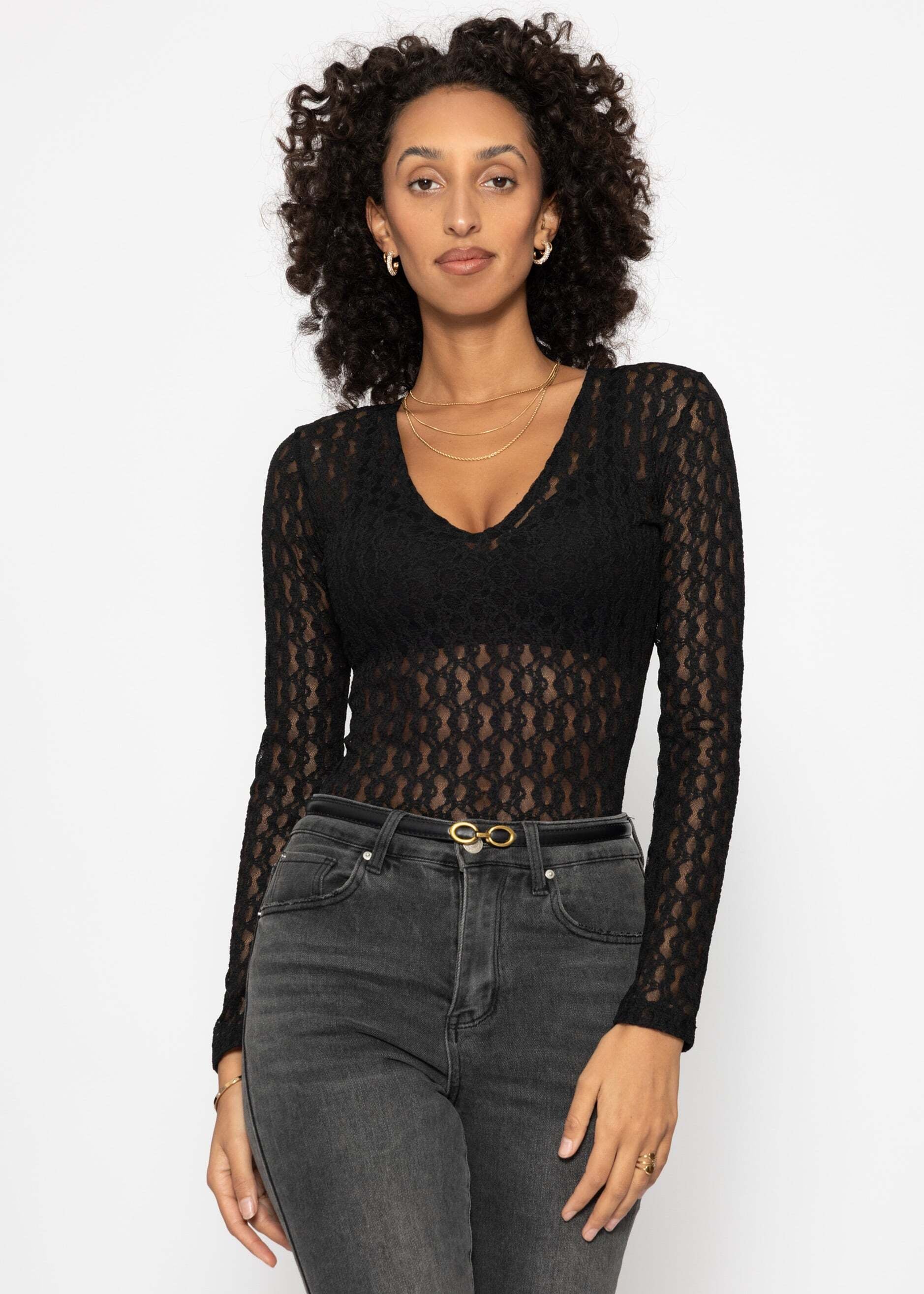 SASSYCLASSY Langarmbody »Spitzenbody mit V-Ausschnitt« Figurbetonter Body mit langen Ärmeln und Druckknopfverschluss Schwarz