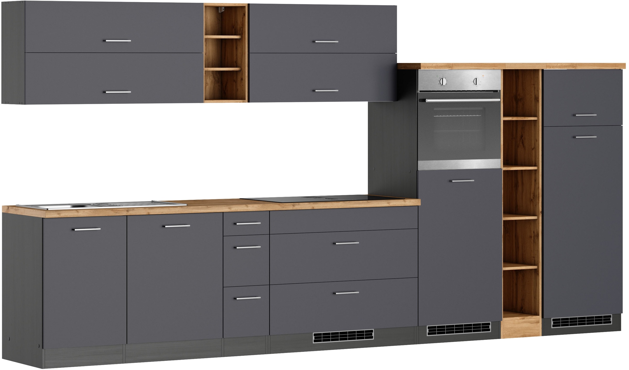 KOCHSTATION Küchenzeile »KS-Milan, optional mit Muldenlüfter« Breite 390 cm, wahlweise mit E-Geräten, Kochfeld mit Dunstabzug