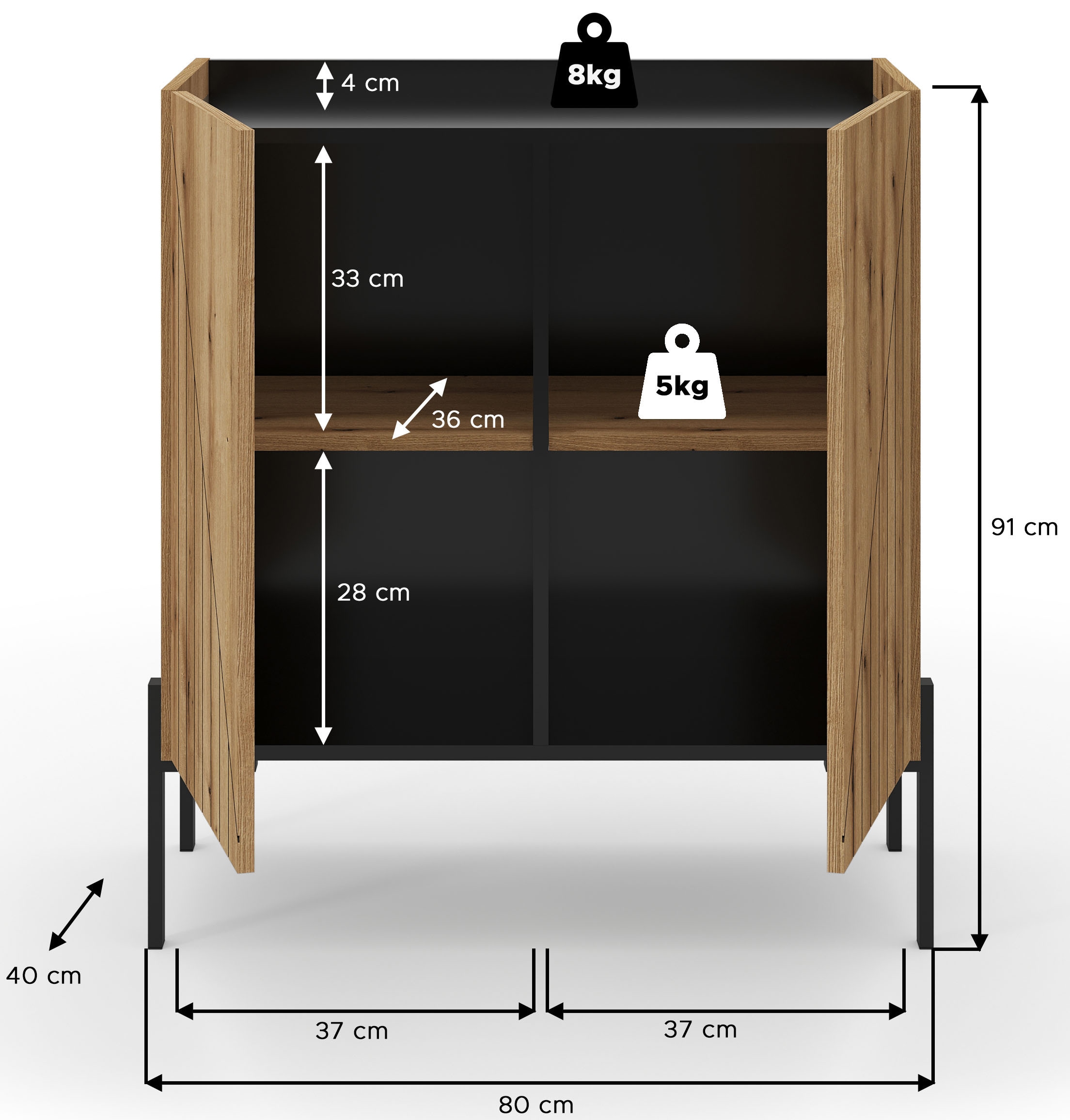 INOSIGN Kommode »SNETT, Höhe: 91cm, mit Metall-Stabfüßen, 2 Türen, 2 Einlegeböden« Anrichte, Sideboard, Schrank, Board, Highboard