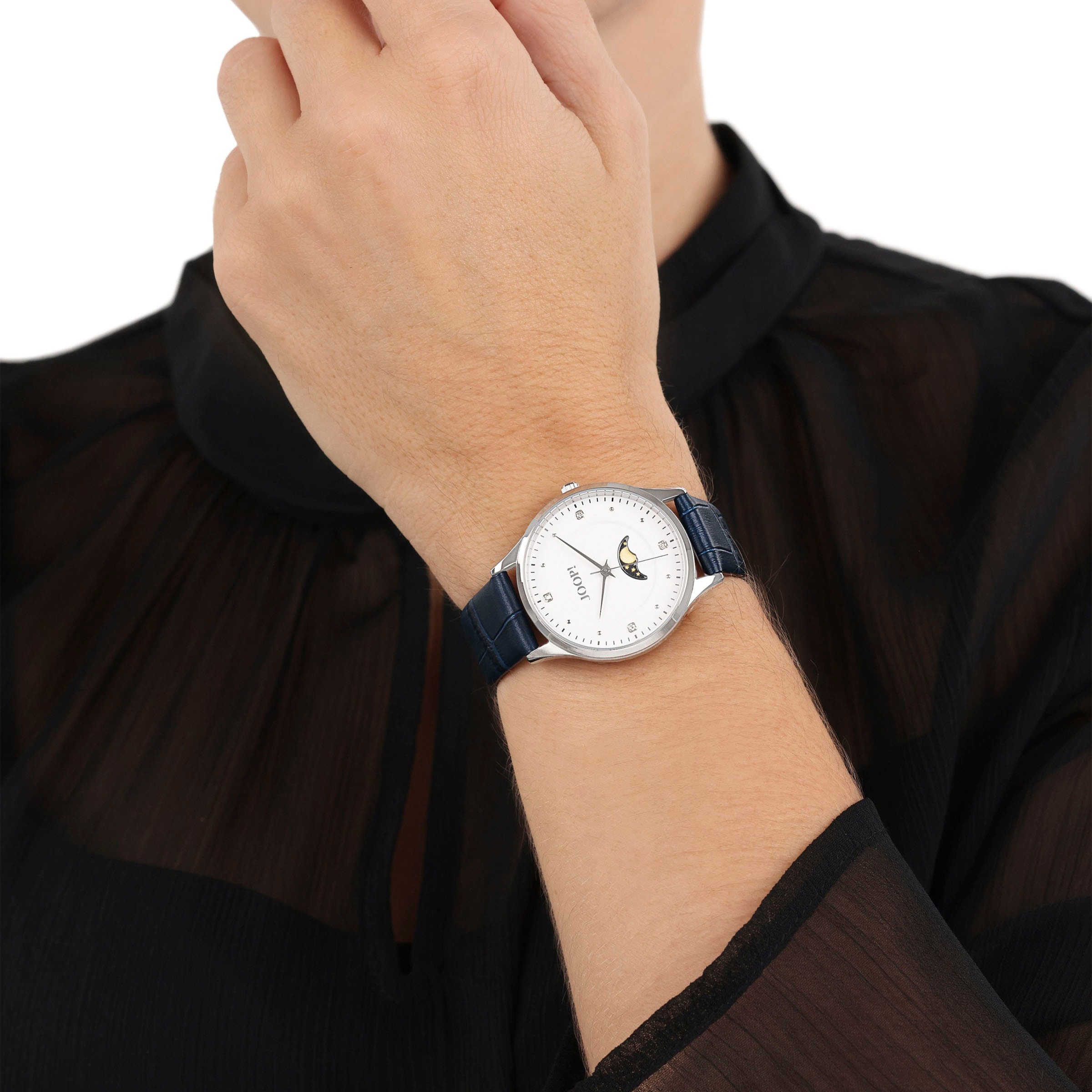 JOOP! Quarzuhr Armbanduhr, Damenuhr, Lederarmband, analog,Zirkonia (synth.),Mondphase