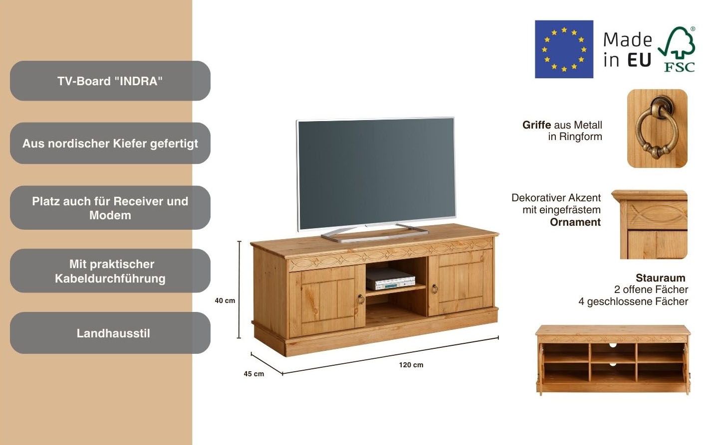 Home affaire TV-Board »Indra« wahlweise in 2 Breiten, Fernsehtisch