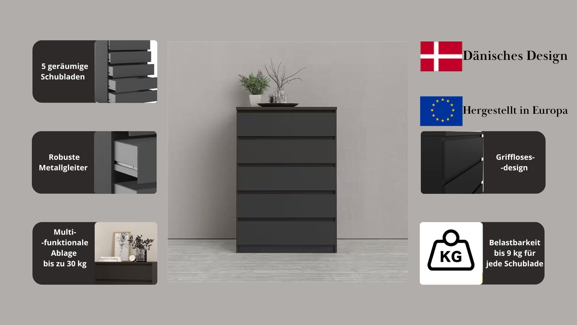INOSIGN Kommode »Naia, Aufbewahrung, 5 Schubladen, Hochglanz-Optik, grifflose Front«, Modern, skandinavisches Design, in mehrere Farben, Hoch