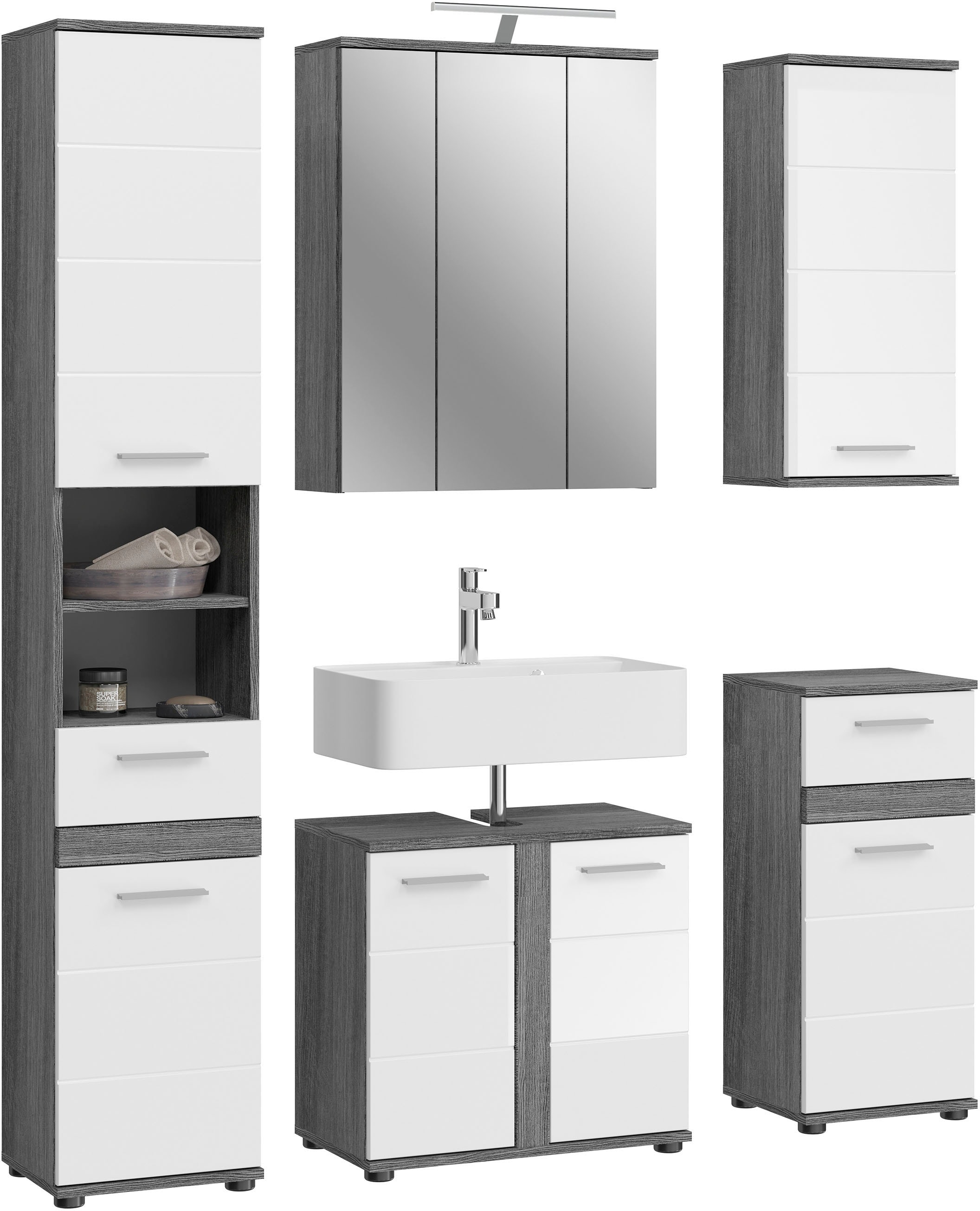 welltime Badmöbel-Set »LUCCA, 5-teilig, TOPSELLER!, inklusive LED Beleuchtung, bestehend aus:«, (Set, 5 St.), Hochschrank, WBU, Spiegelschrank, Unterschrank, Hängeschrank