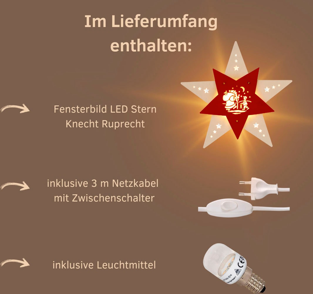 Weigla Dekostern »LED Knecht Ruprecht, beleuchtetes Fensterbild, WEIẞ-ROT«, (1 St.), Erzgebirge garantiert, Weihnachtsdeko Innen, Weihnachtsbeleuchtung