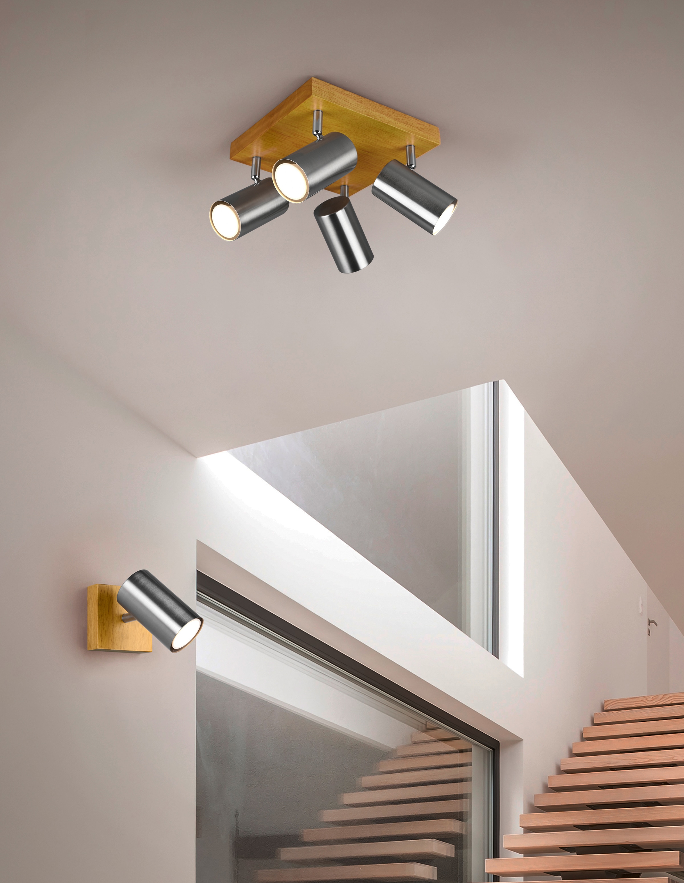 TRIO Leuchten Deckenstrahler »Marley«, 4 flammig, Leuchtmittel GU10 | ohne Leuchtmittel, mit Holz Baldachin, Strahler dreh- und schwenkbar