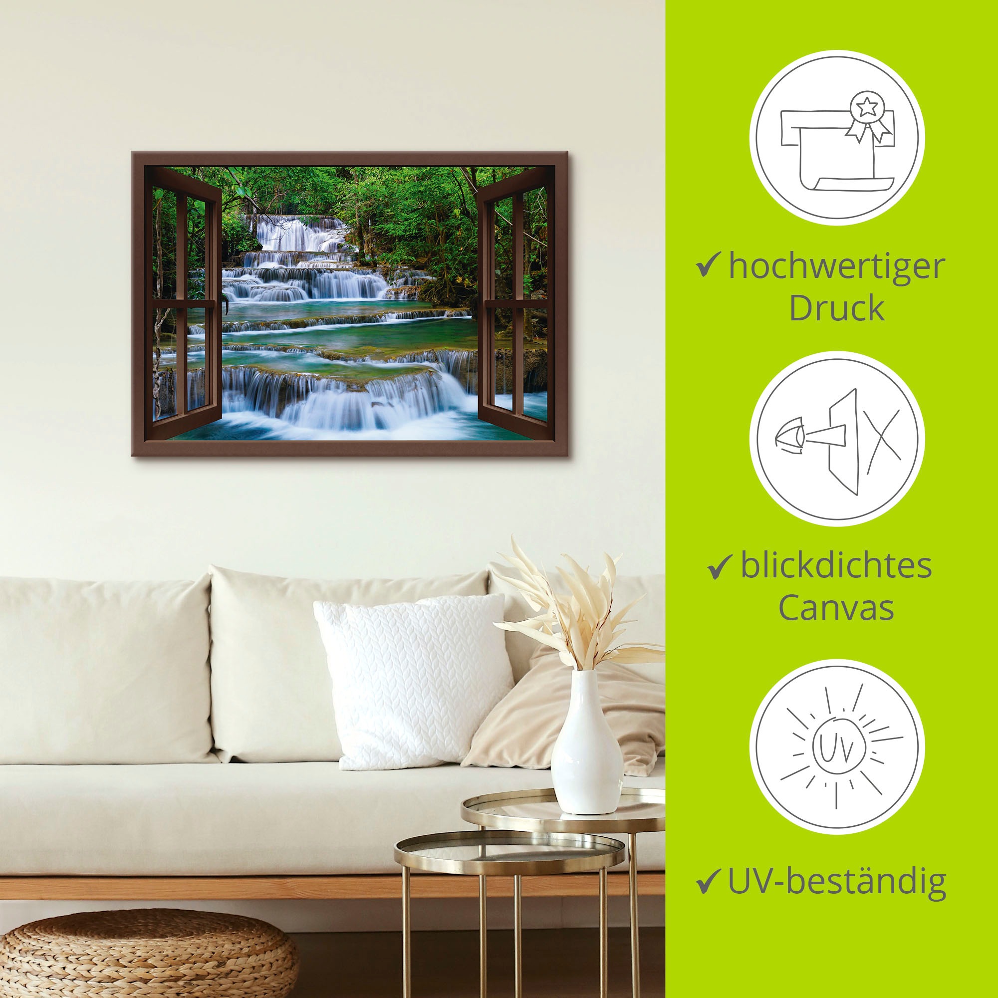 Artland Wandbild »Fensterblick Wasserfall in Kanchanaburi«, Fensterblick, (1 St.), als Leinwandbild, Poster, Wandaufkleber in verschied. Größen