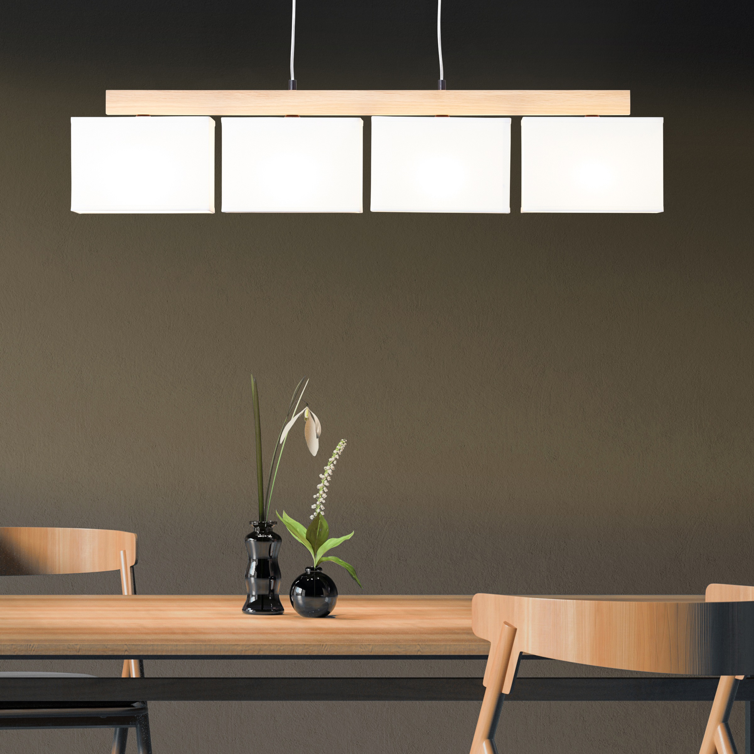 Brilliant Pendelleuchte »Rayan«, 4 flammig, Leuchtmittel E27 | ohne Leuchtmittel, Stoffschirme, H 113 cm, B 95 cm, 4 x E27, eiche geölt/weiß