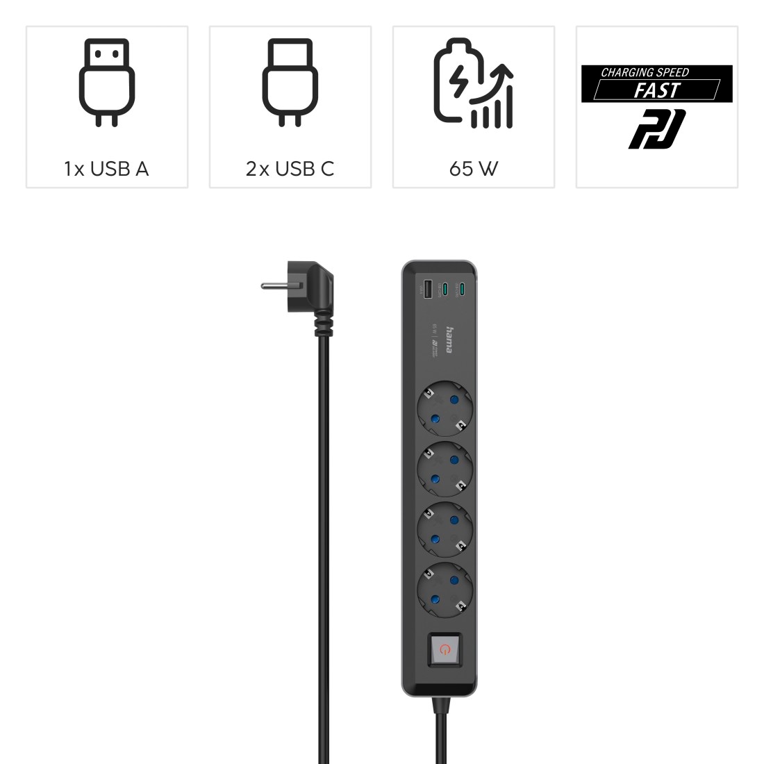 Hama Steckdosenleiste »7in1 Steckdosenleiste mit USB Netzteil 3fach, 65w Ladegerät, USB-C, PD«, 4-fach, (Ein- / Ausschalter-Schalterbeleuchtung-USB-Anschlüsse Schutzkontaktkupplung Kabellänge 1,4 m)