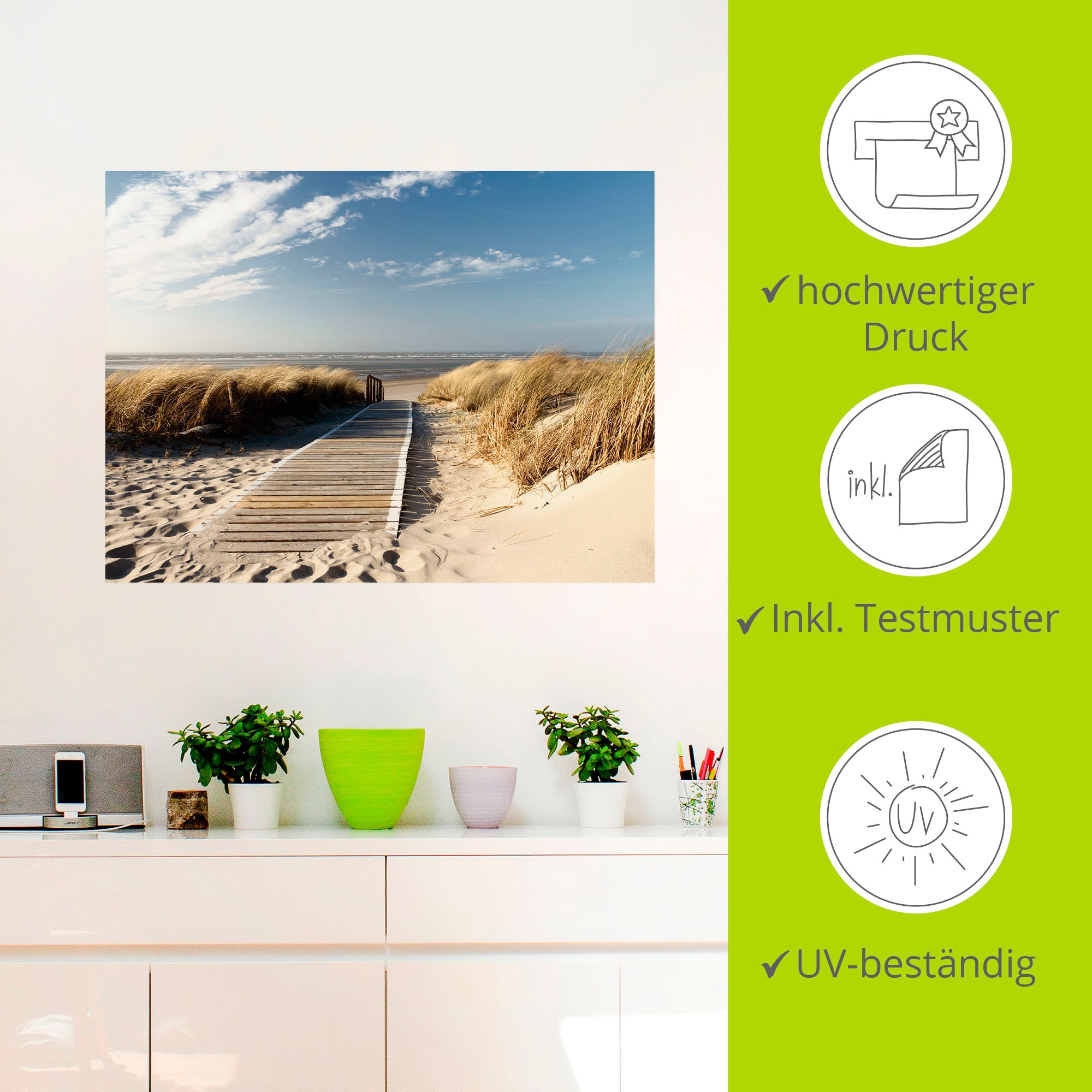 Artland Wandbild »Nordseestrand auf Langeoog - Steg«, Strand, (1 St.), als Alubild, Outdoorbild, Leinwandbild, Wandaufkleber, versch. Größen