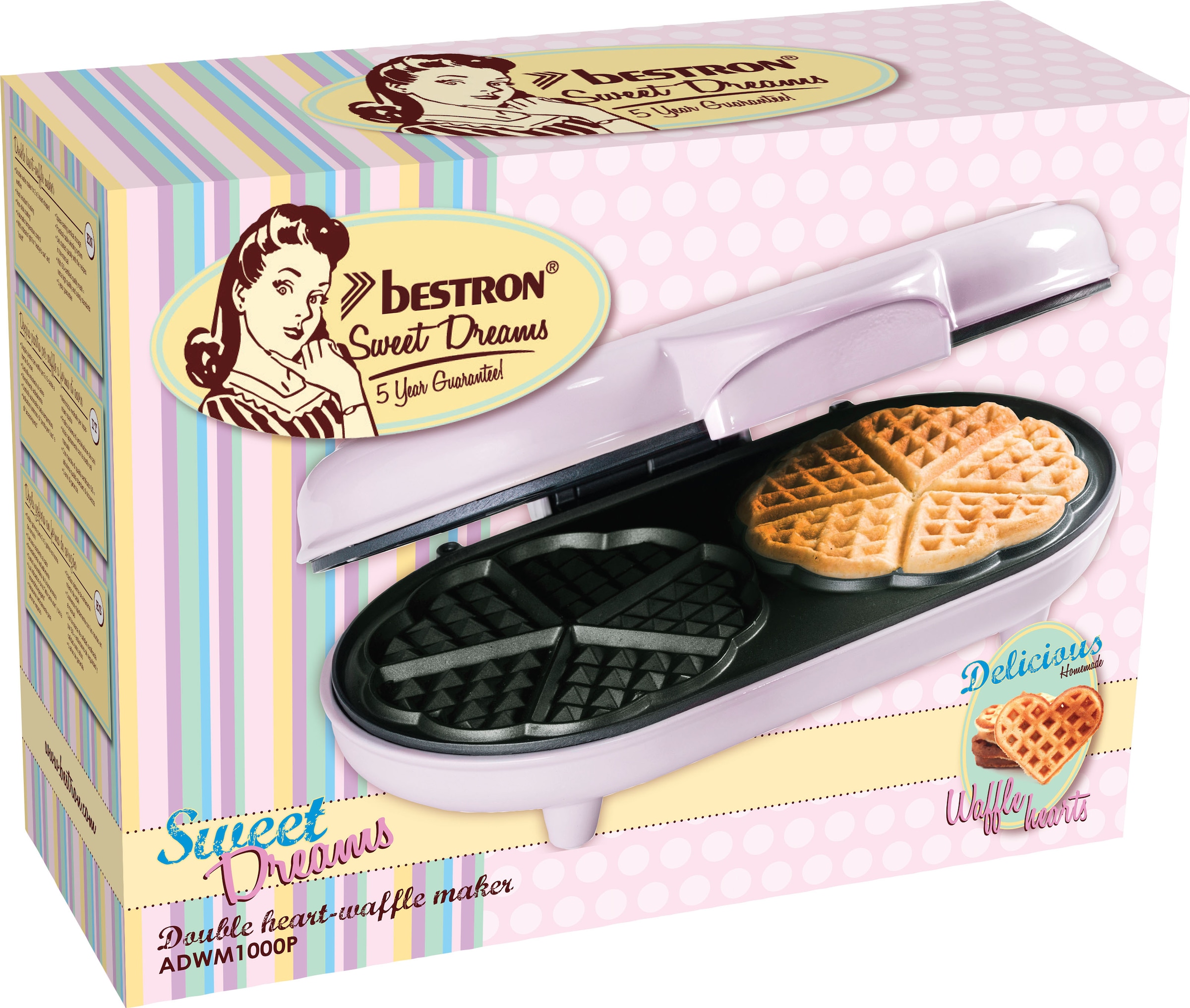 bestron Waffeleisen »ADWM1000P Doppel-Waffelmaker«, 1000 W, für klassische Herzwaffeln, Antihaftbeschichtung