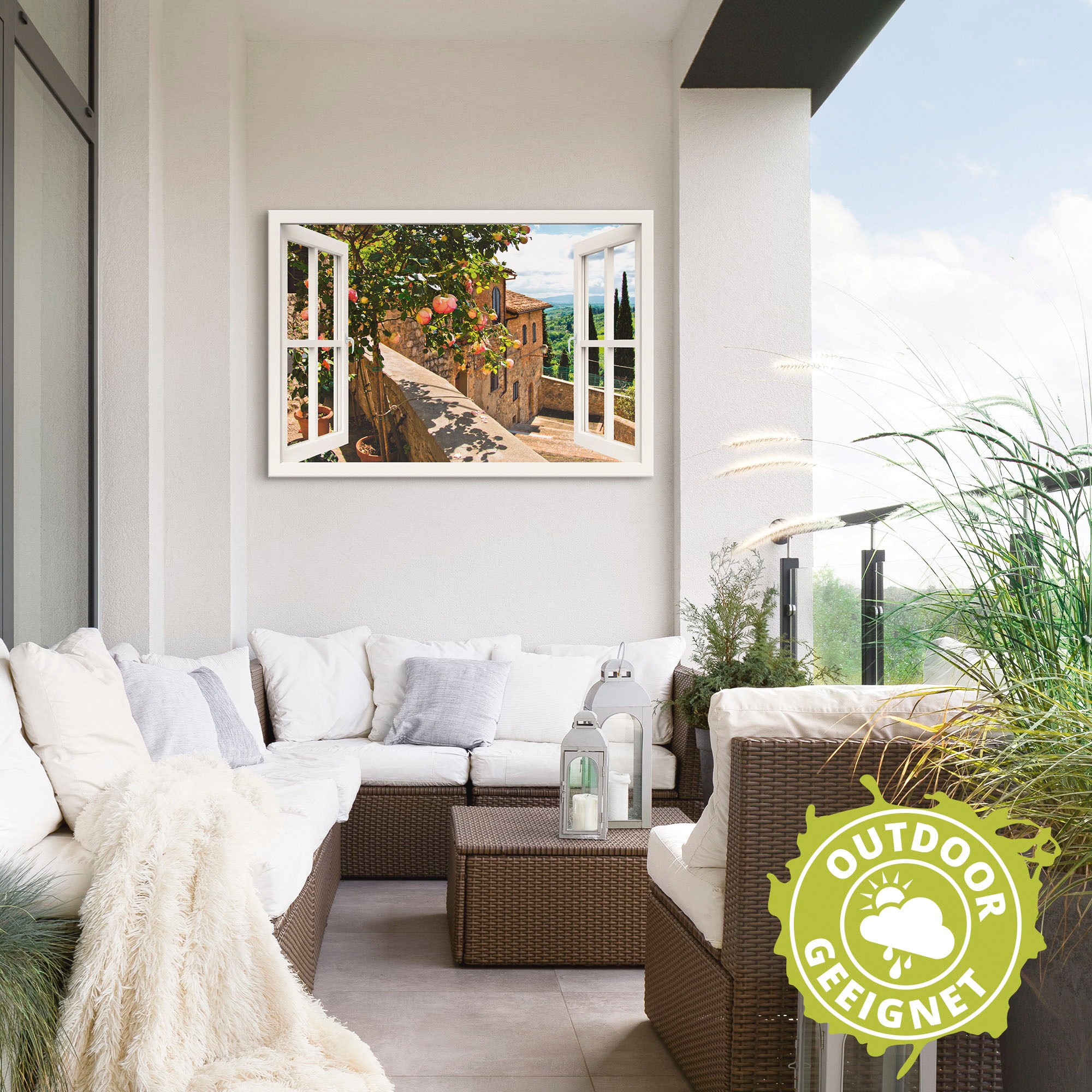 Artland Wandbild »Fensterblick Rosen auf Balkon Toskana«, Garten, (1 St.), als Alubild, Outdoorbild, Leinwandbild, Poster, Wandaufkleber