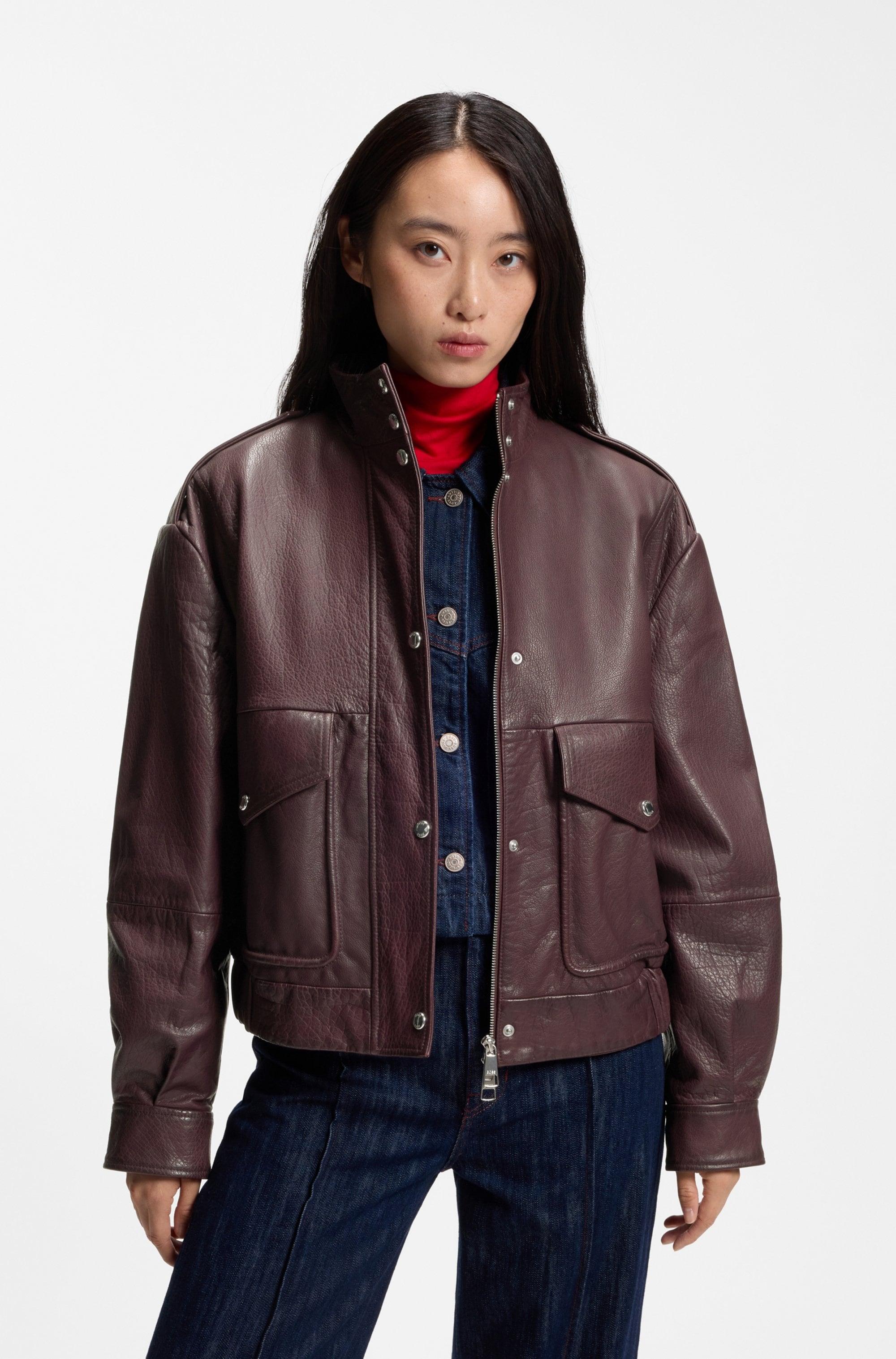 BOSS ORANGE Lederjacke »Sabea Premium Damenmode« mit Stehkragen, Relaxed Fit