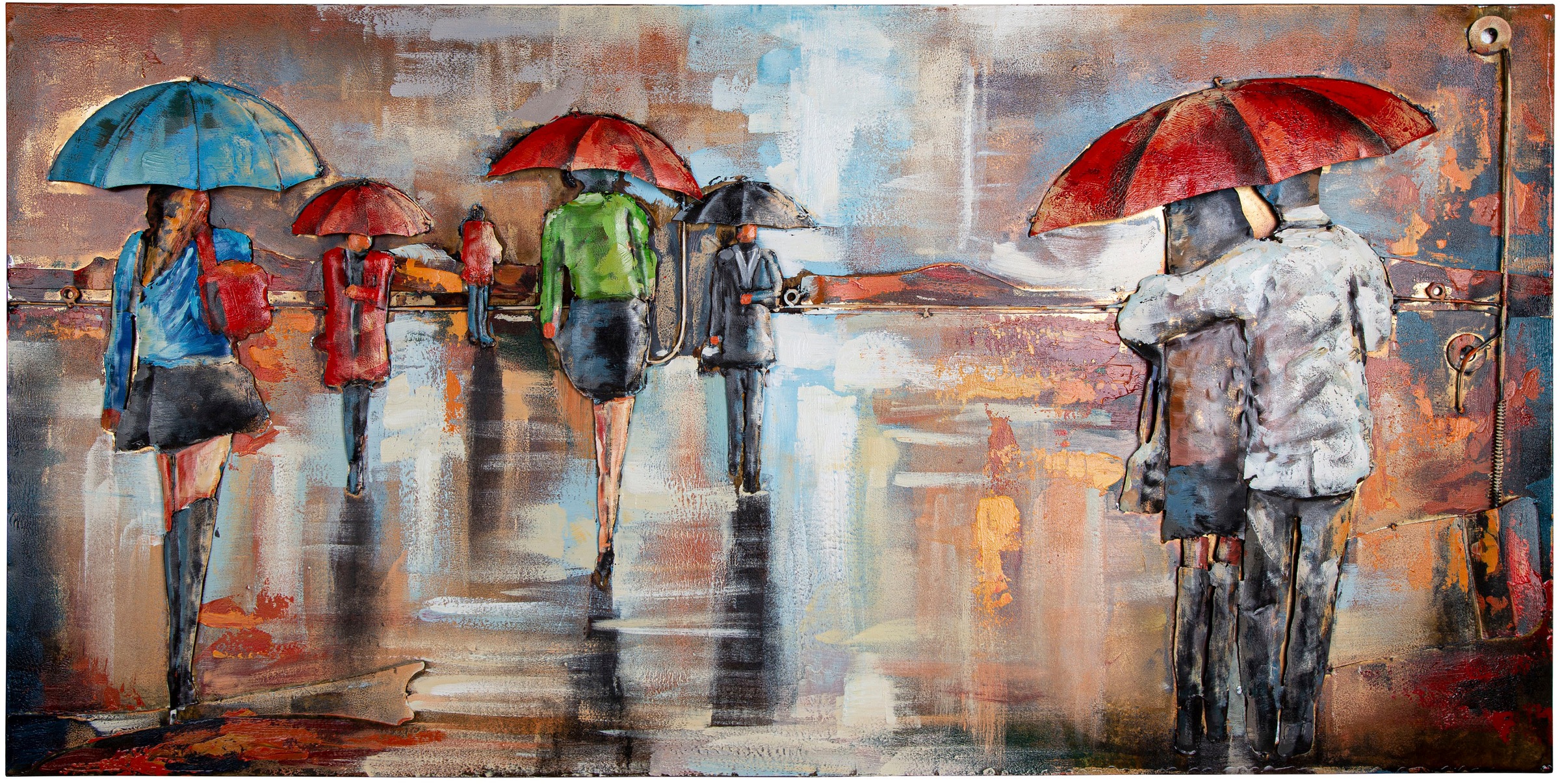 Spiegelprofi GmbH Metallbild »BRUNA«, Rain, (1 St.), Fussgänger mit bunten Regenschirmen im Regen