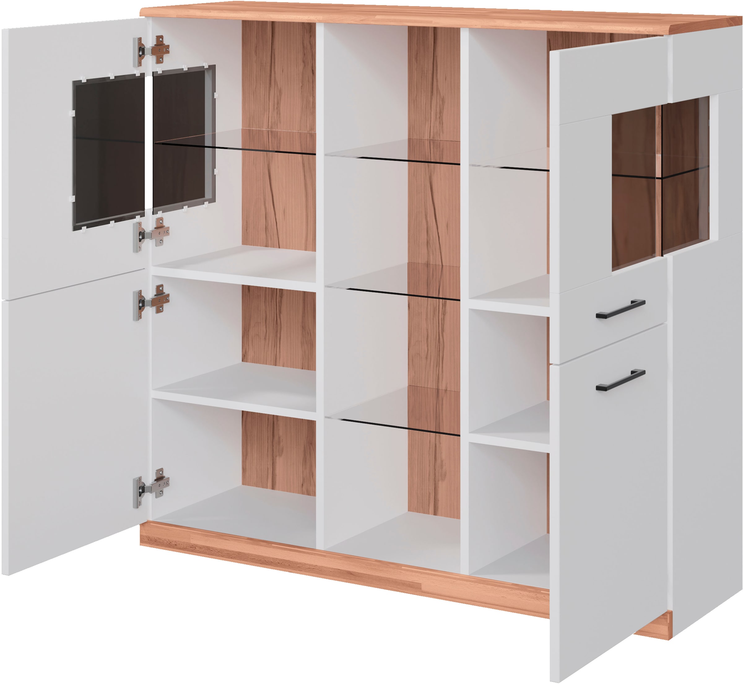 Home affaire Highboard »Ribe,120cm breit,112cm hoch,Oberplatte massiv,12 Fächer«, Oberplatte Massivholz,schwarze Metall Griffe,2 Türen mit Glaseinsatz