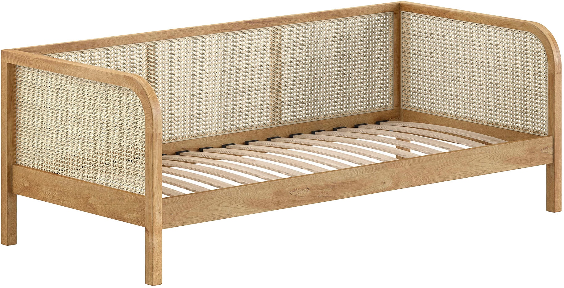 Home affaire Bett »Olive, mit Eiche massiven Bettpfosten, Bettseiten furniert«, (B/H/T ca. 210x75x96,6cm, Auf. Natur, zeitloses Design), 90/200 inkl. Lattenrost und trendigen Rattan Kopf- u. Seitenteilen