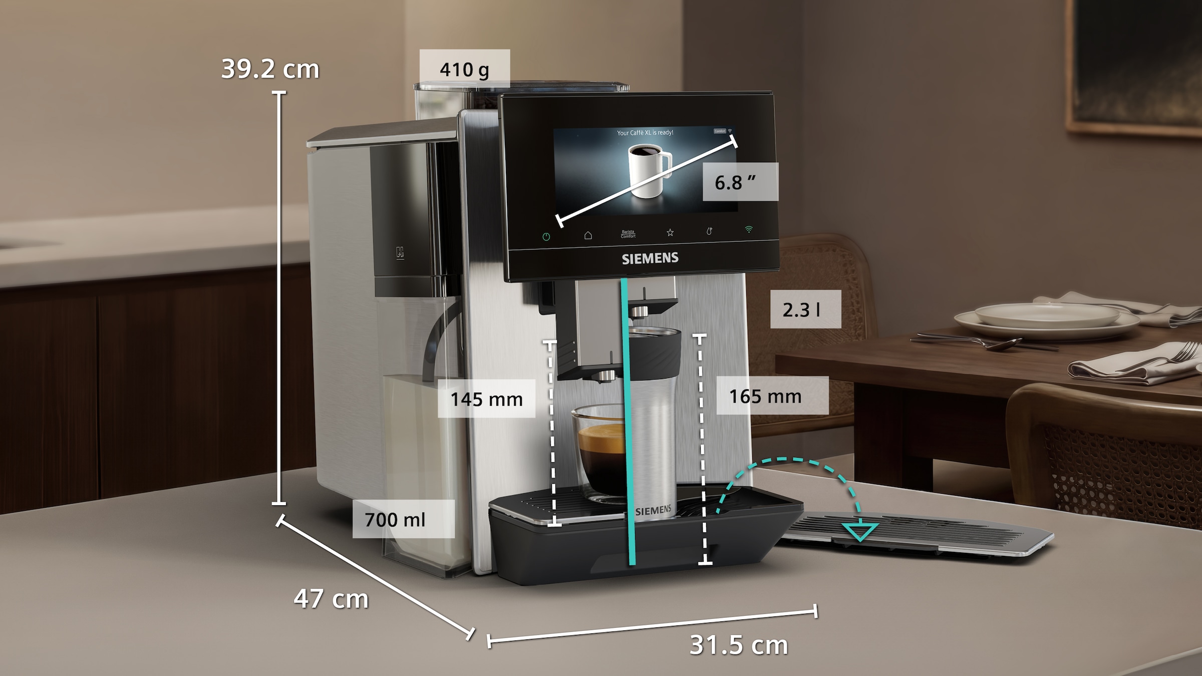 SIEMENS Kaffeevollautomat »EQ900 TQ923EZ3, autom. Reinigung, 41 versch. Getränke, XL-Getränke« farbiges 6.8'' TFT-Display, individuelle Aromaeinstellung, Edelstahl