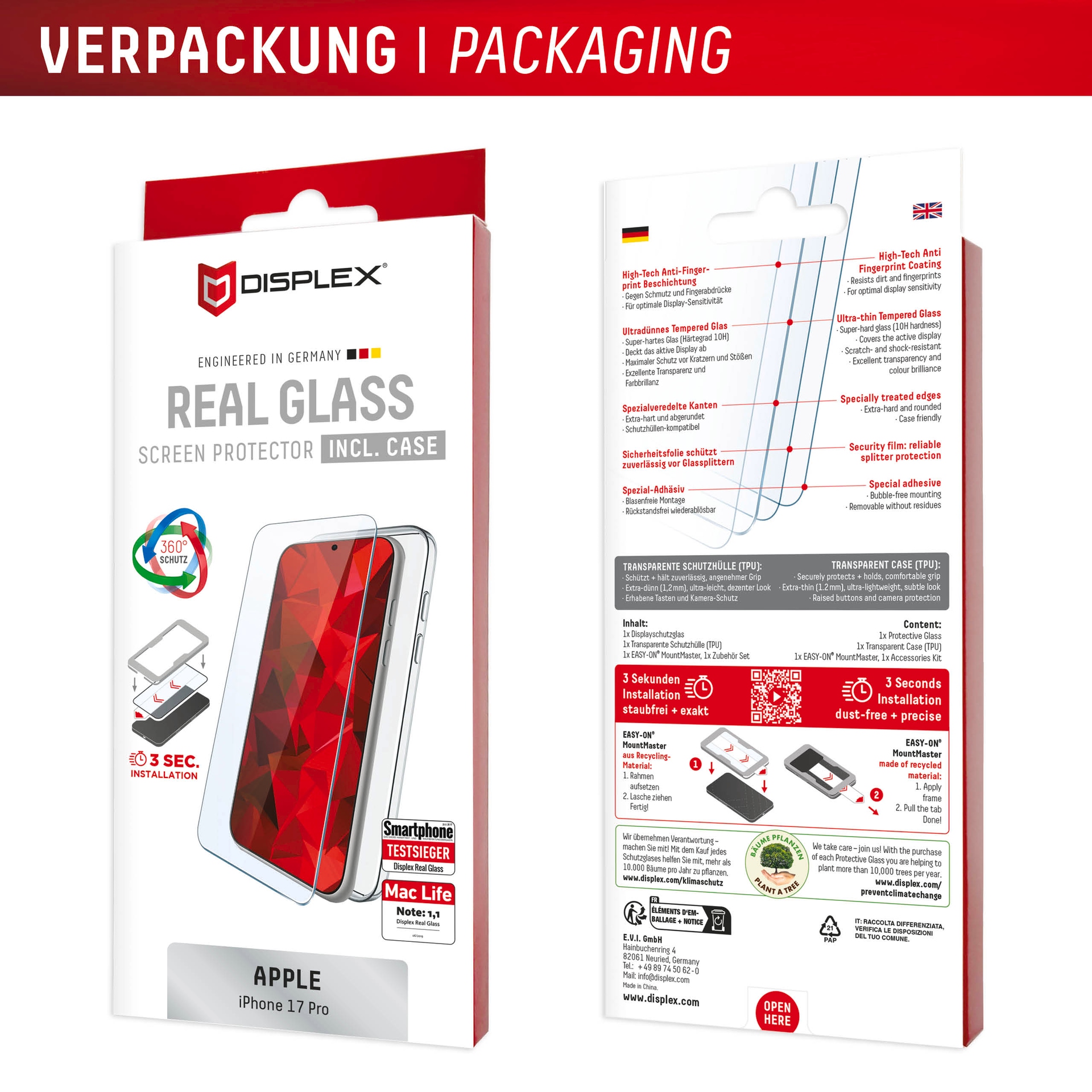 Displex Displayschutzglas »Real Glass Screen Protector + Case mit EASY-ON MountMaster« für Apple iPhone 17 Pro Displayschutzfolie, Schutzfolie, Bildschirmschutz, kratz- & stoßfest