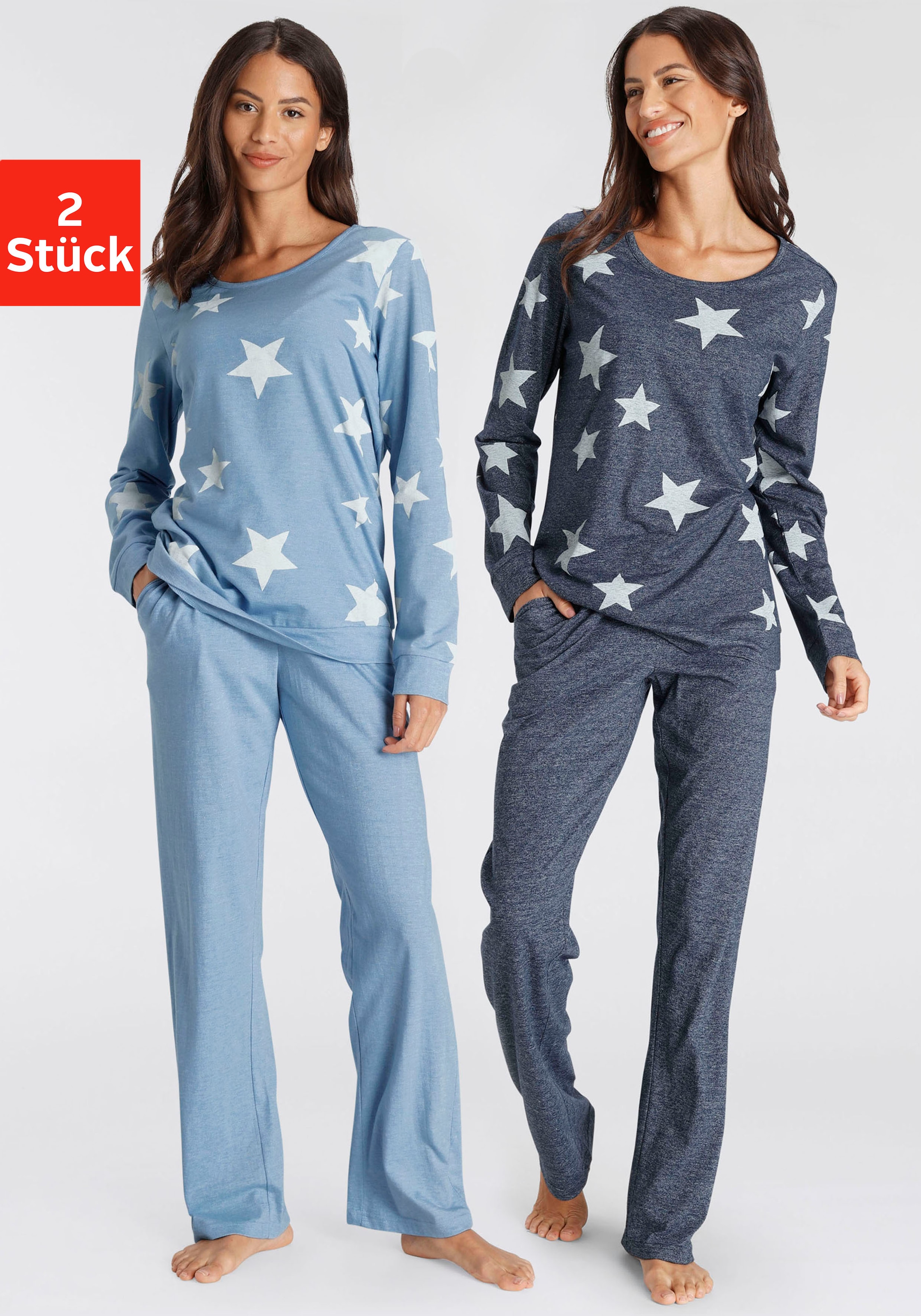 Pyjama, (4 tlg., 2 Stück), in melierter Optik mit Sternen