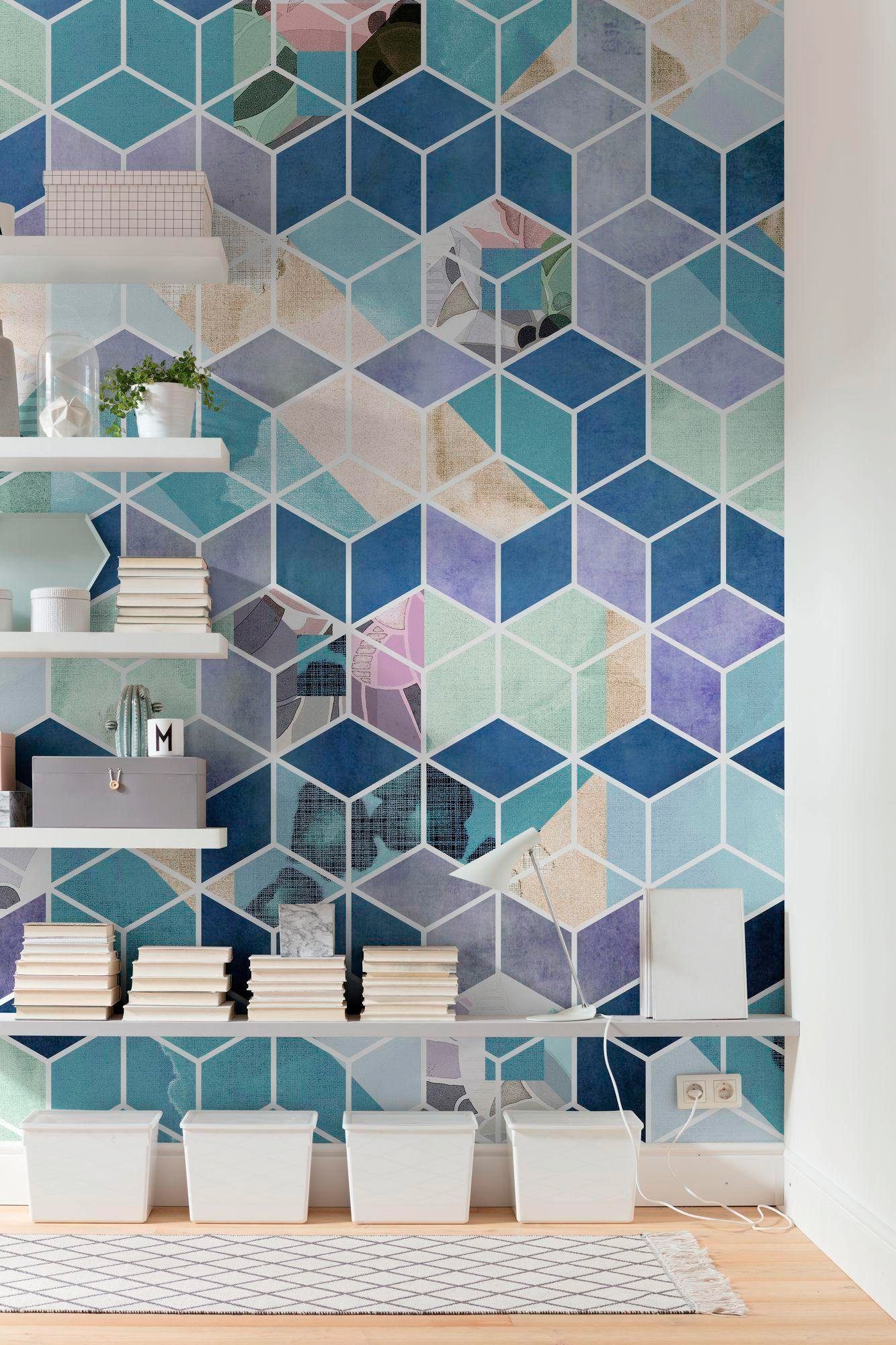 Komar Vliestapete »Digitaldruck Vlies - Geometric Blue - Größe 200 x 250 cm«, bedruckt, Wohnzimmer, Schlafzimmer