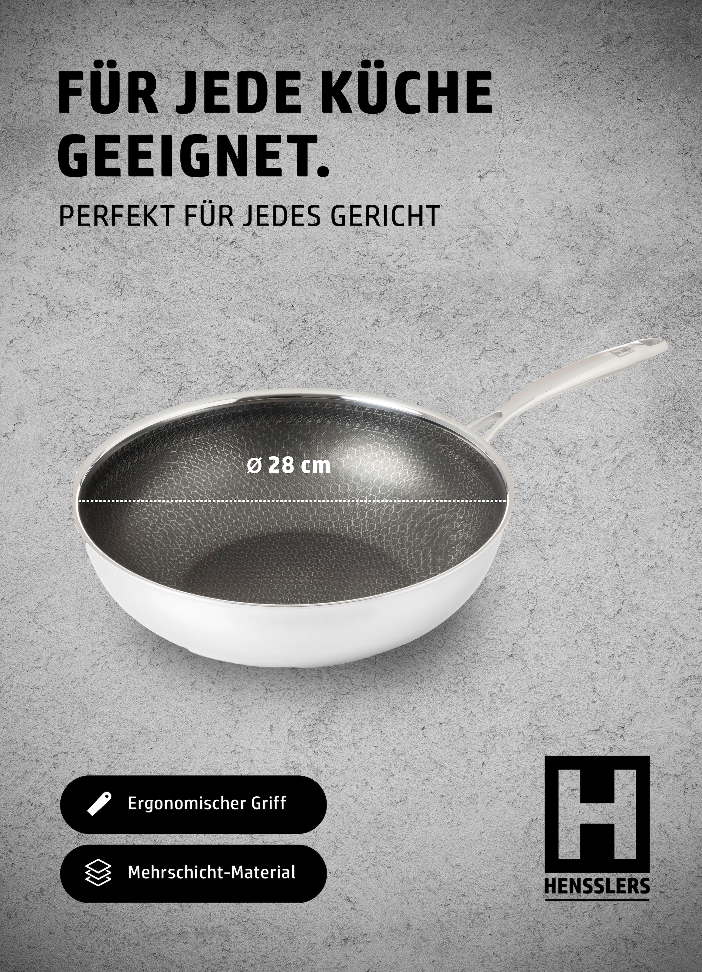 HENSSLERS Wok »HENSSLERS Edelstahl Wok inkl. Glasdeckel, Ø 28 cm« Edelstahl 2 Stk. tlg. Wokpfanne für die asiatische Küche