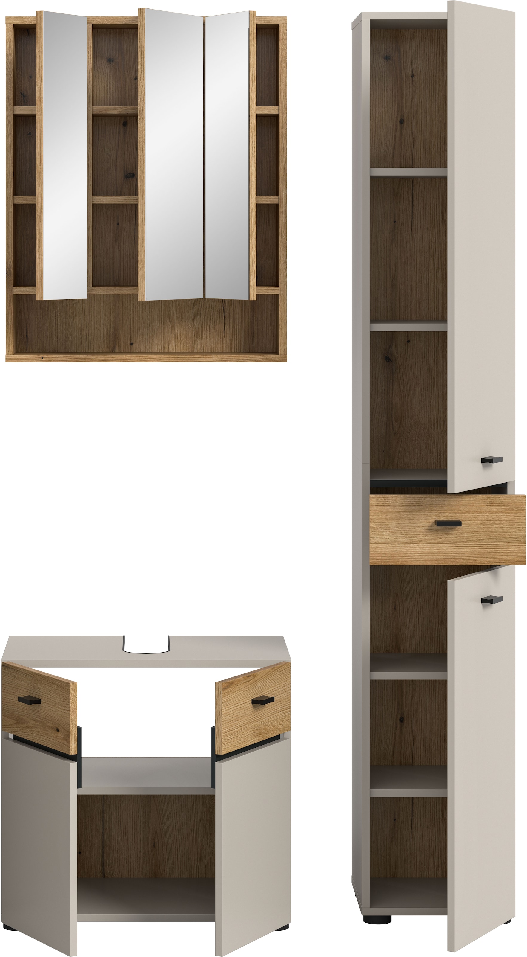 welltime Badmöbel-Set »VANN, 3-teilige moderne Badkombination, individuell stellbar« 1x Waschbeckenunterschrank, 1x Spiegelschrank, 1x Hochschrank, 3 Stk. tlg.