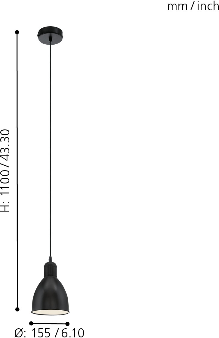EGLO Pendelleuchte »PRIDDY«, 1 flammig, Leuchtmittel E27 | ohne Leuchtmittel, schwarz, weiß / Ø15,5 x H110 cm / exkl. 1 x E27 (max. 40W)