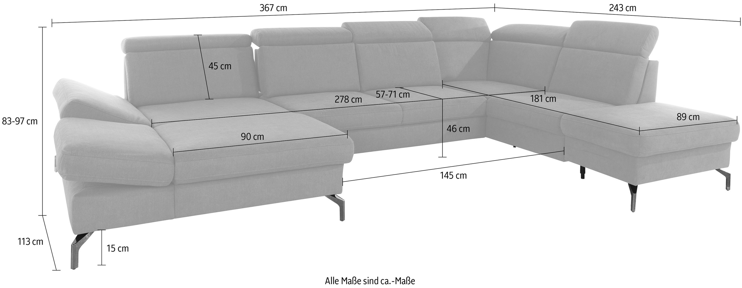 sit&more Wohnlandschaft »Brisbane U-Form«, Fußhöhe 15 cm, inklusive Sitztiefen-, Armteil- und Kopfteilverstellung