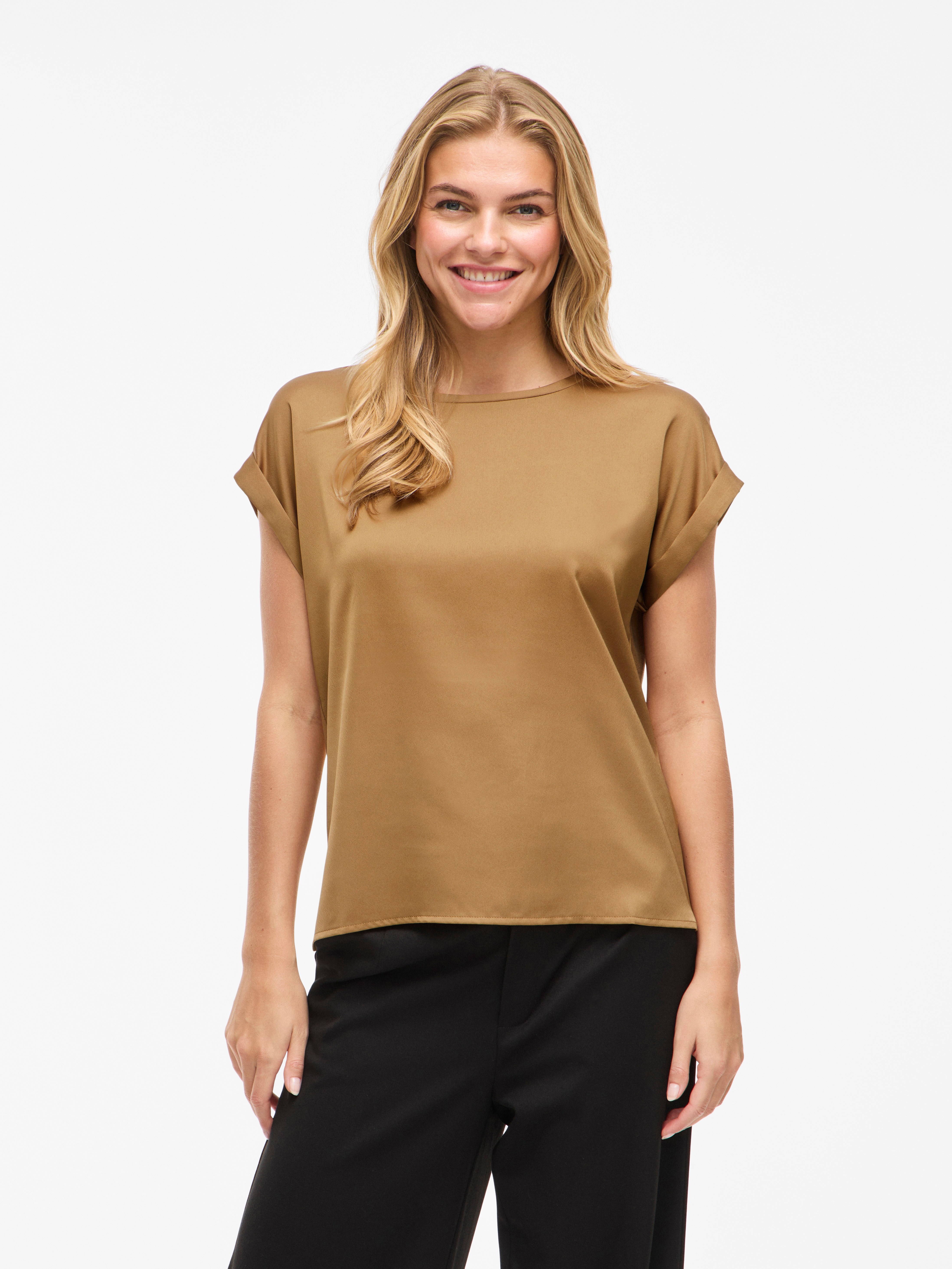 Vila Damen Kurzarmshirt »VIELLETTE S/S SATIN TOP - NOOS« Satin Optik in braun, Größe 44