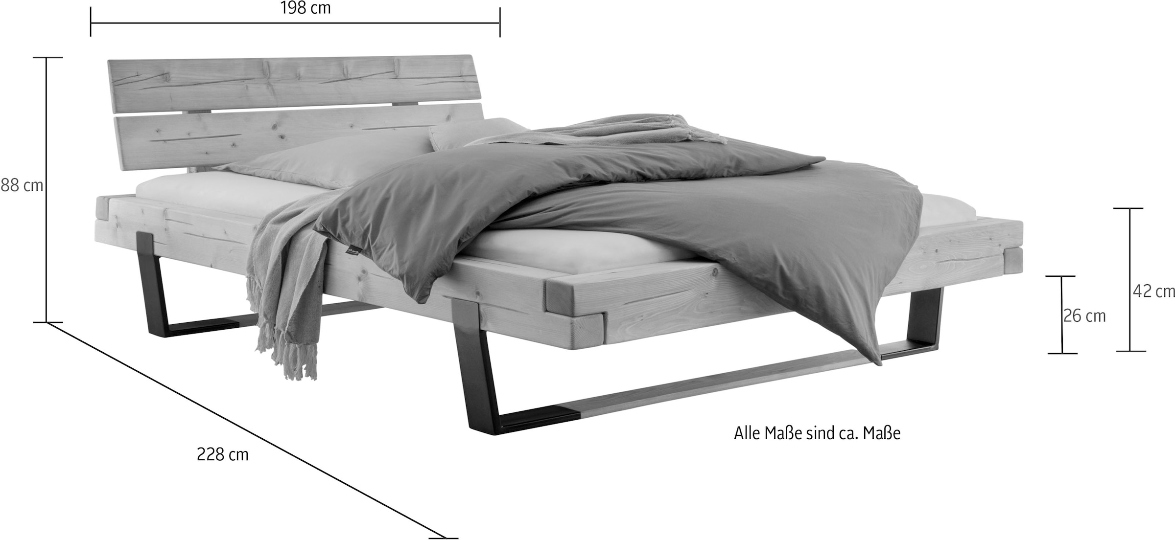 Home affaire Massivholzbett »Ultima Balkenbett Doppelbett, Füße Metallkufe mit Holzelement«, (hohe Belastbarkeit: 200kg je Seite), FSC®-zertifizierte Wildeiche oder Fichte, viele Breiten zur Auswahl