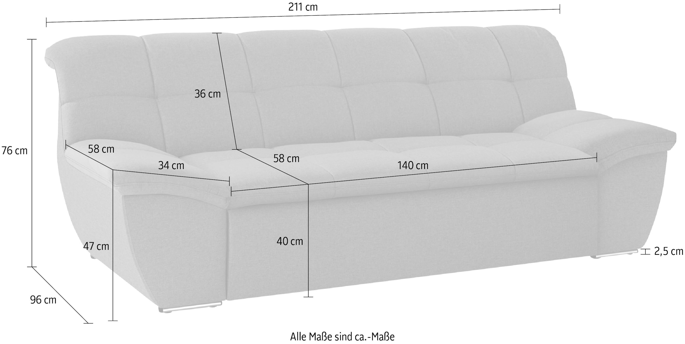 DOMO collection 2-Sitzer »SPLASH Breite 211 cm, moderne Sitz- und Rückensteppung, komfortabel« flache Armlehnen zum Entspannen