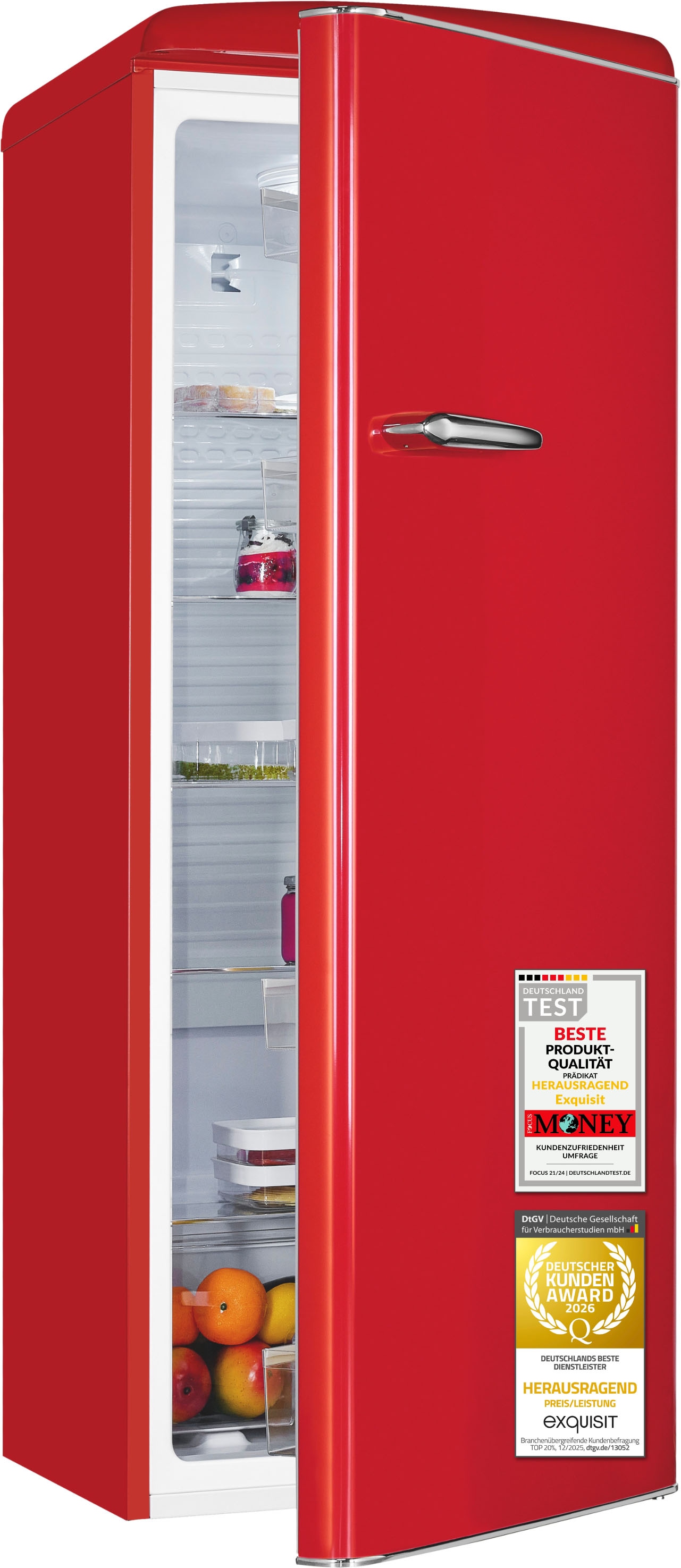 exquisit Kühlschrank »RKS325-V-H-160C rot« 146,5 cm hoch 54,5 cm breit LED-Beleuchtung, verstellbare Glasböden, Retro-Design