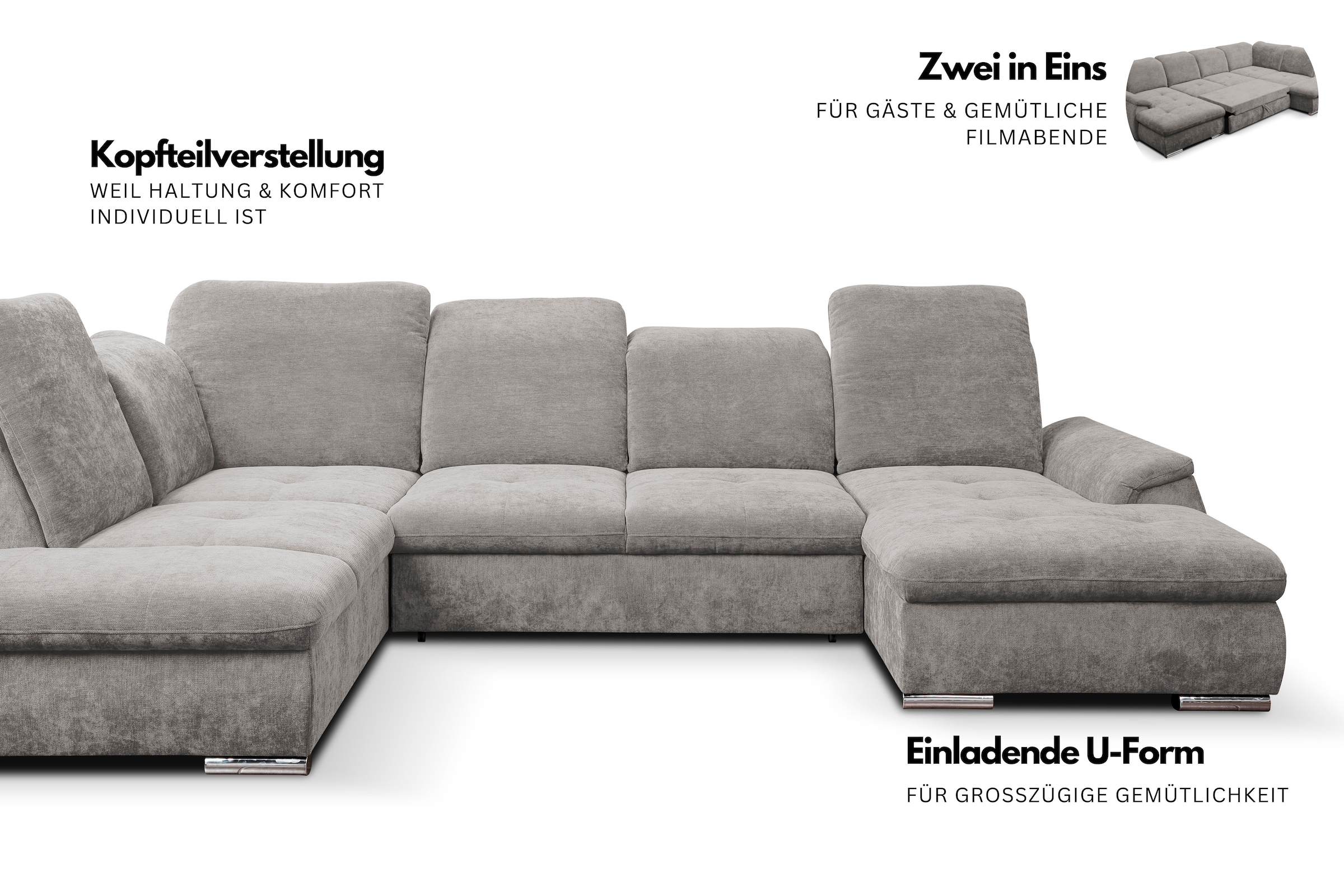 WERK2 Wohnlandschaft »Pula 356cm breit, Bett & Bettkasten, Kopfteil- & Sitztiefenverstellung« U-Form, XXL, Schlaffunktion, Bettkasten, verstellbare Kopfteile