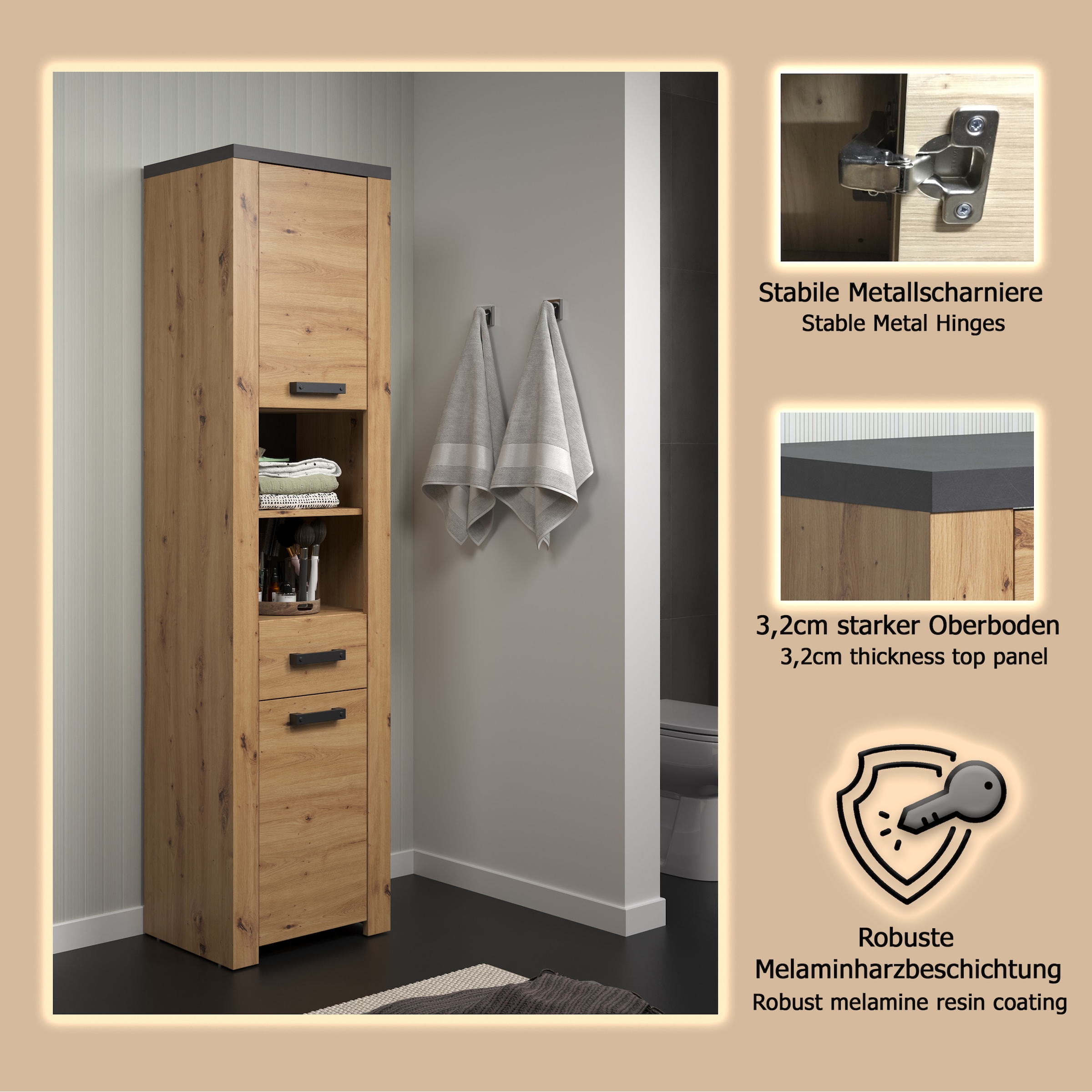 welltime Hochschrank »Ambres«, (1 St.), Hochschrank mit Soft-Close Funktion - (B/T/H) 53/35/196 cm