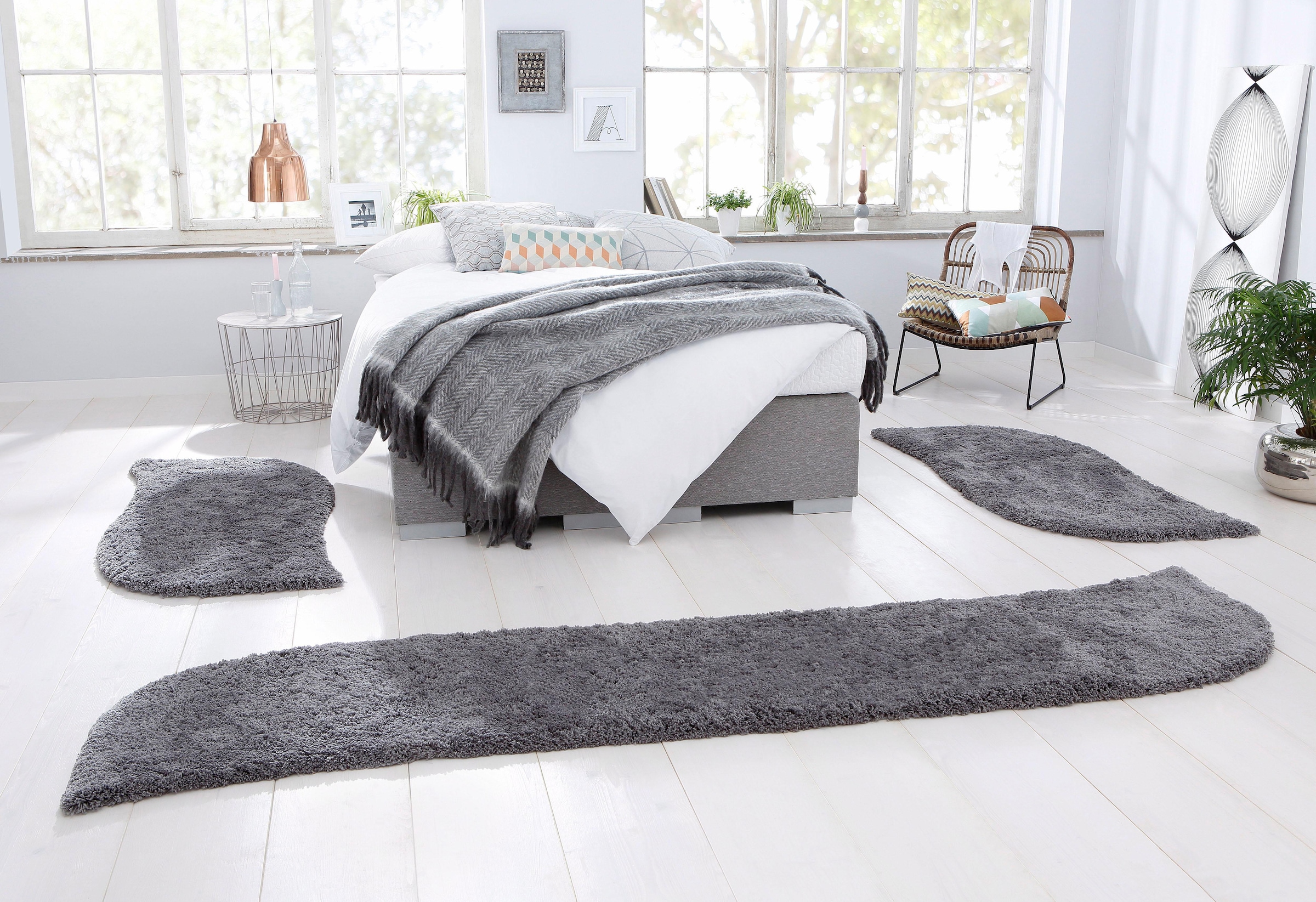 my home Hochflor-Bettumrandung »Desner«, (3 tlg.), Mikrofaser, weich, flauschig, Schlafzimmer, Bettvorleger, Läufer Set